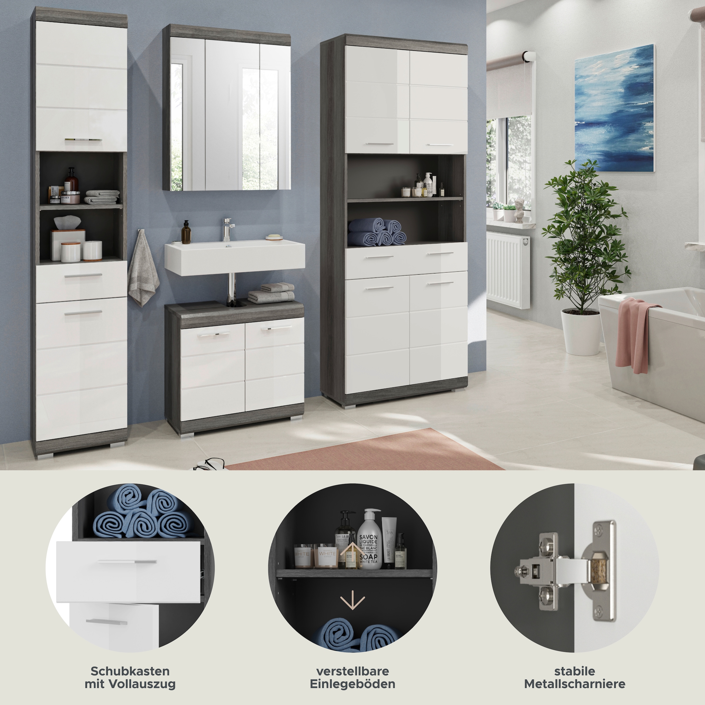 INOSIGN Badmöbel-Set »Siena, 4 teilig, bestehend aus:«, (Set, 4 St.), Hochschrank schmal, WBU, Spiegelschrank, Hochschrank breit