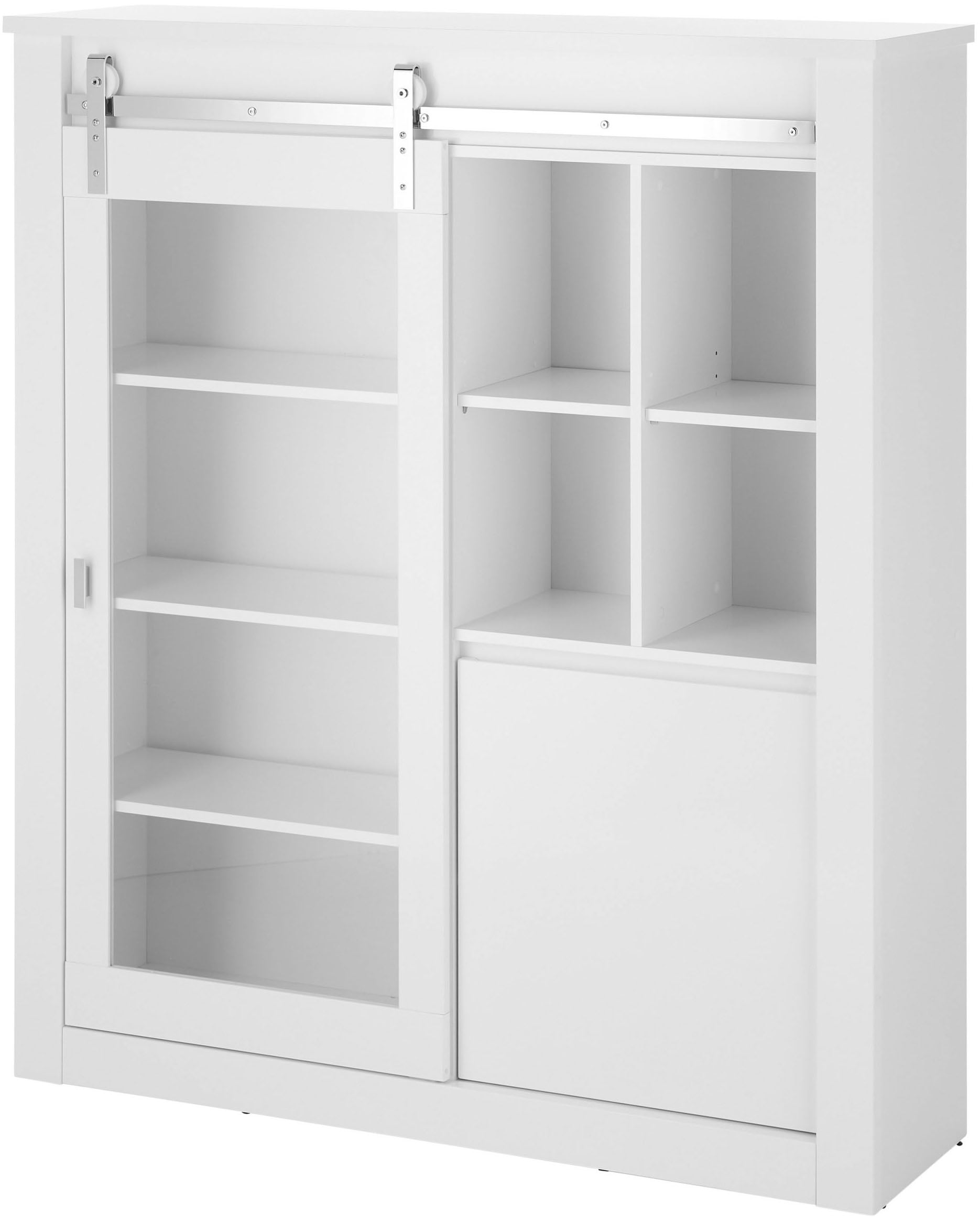 Home affaire Vitrine »Daytona, moderner Hochschrank, Glasvitrine in Weiss Hochglanz« mit Schiebetürenbeschlag in Chrom-Optik, ausreichend Stauraum