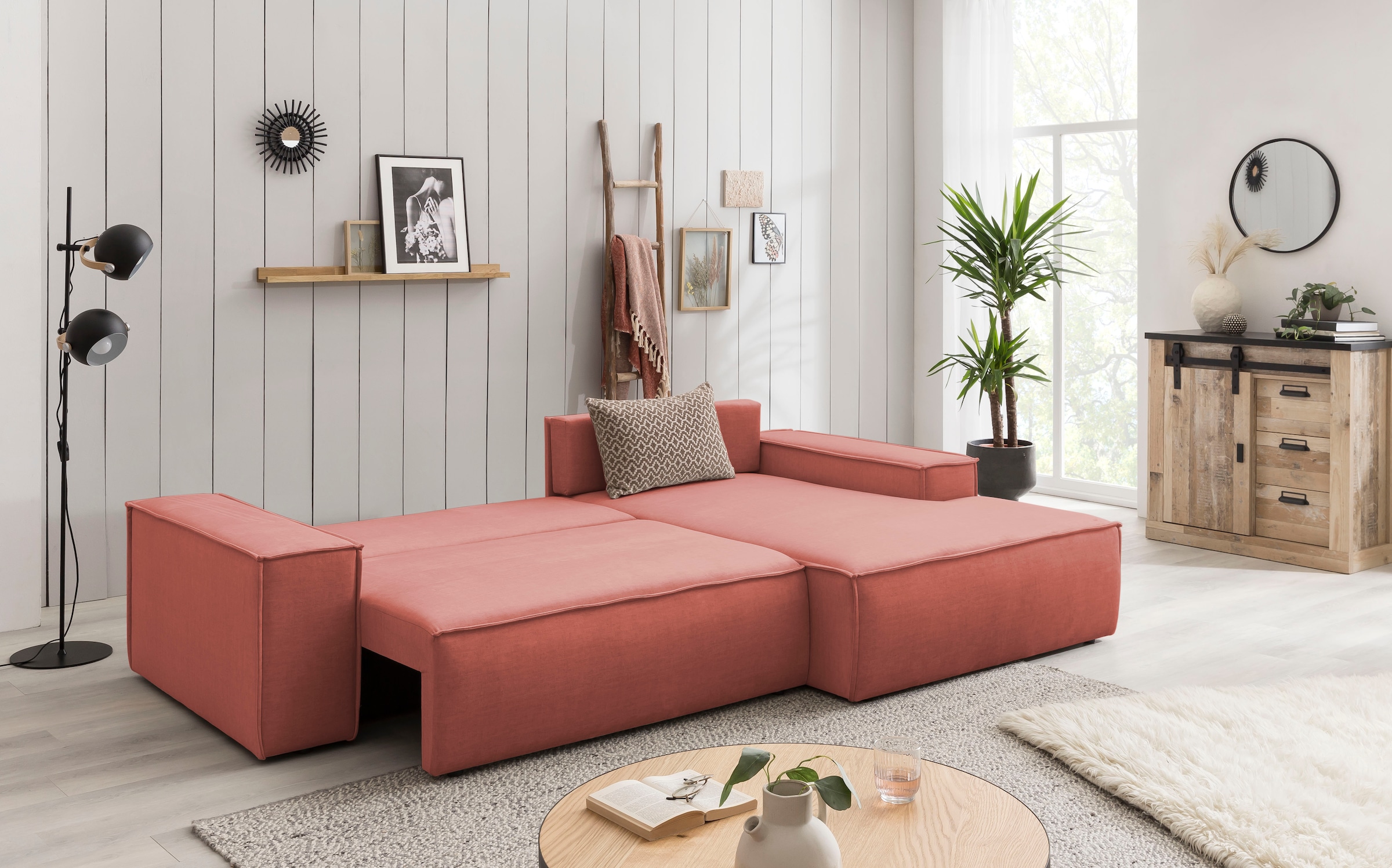 Home affaire Ecksofa SHERWOOD Schlafsofa 267 cm, L-Form, Schlaffunktion mit Bettkasten (210x136 cm), Cord, Vintage, Samtvelours