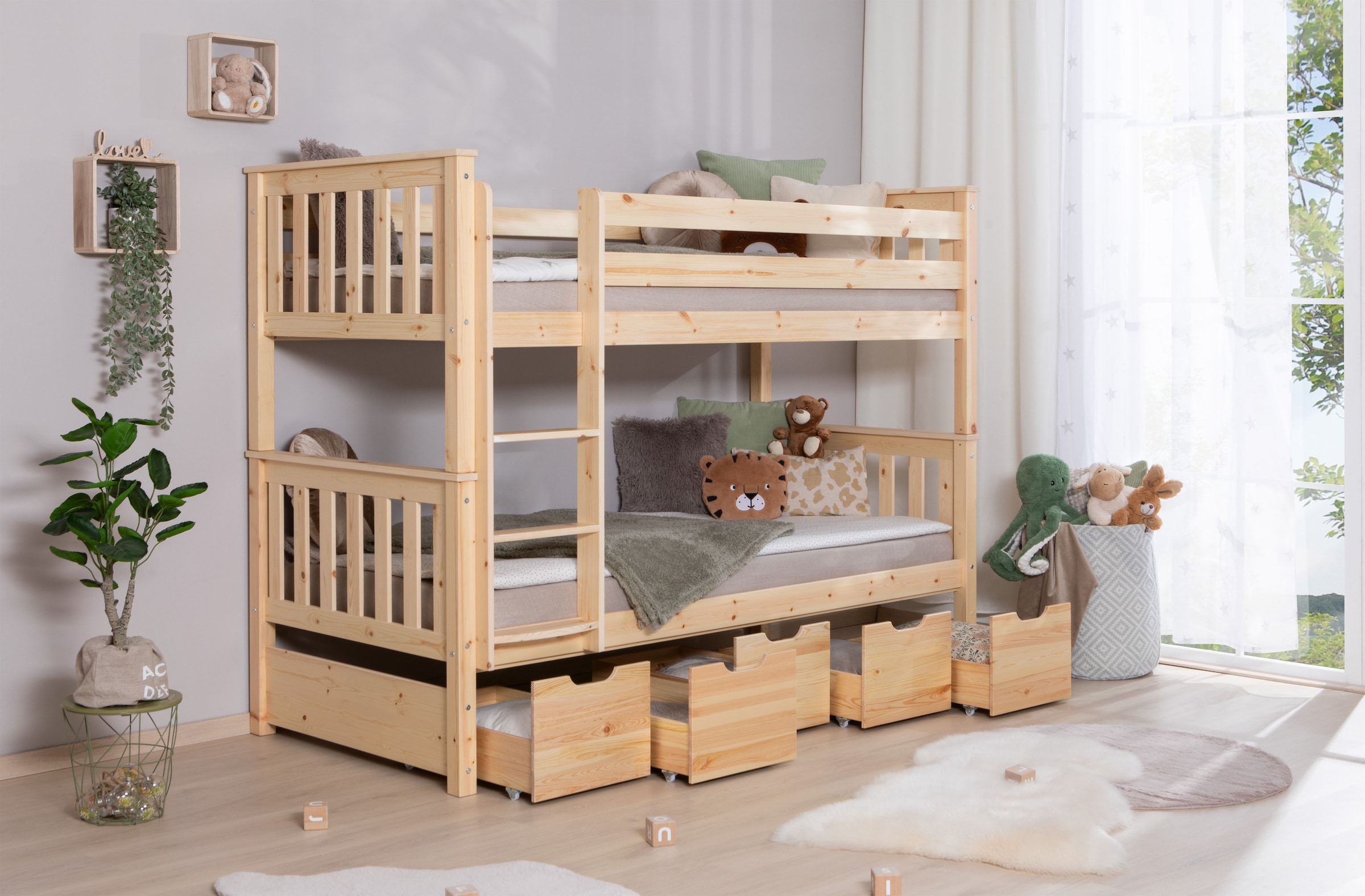 Ticaa Etagenbett »Sammy«, (90x200cm), mit Stauraum, umbaubar zu 2 Einzelbetten, Rollrost, Massivholz