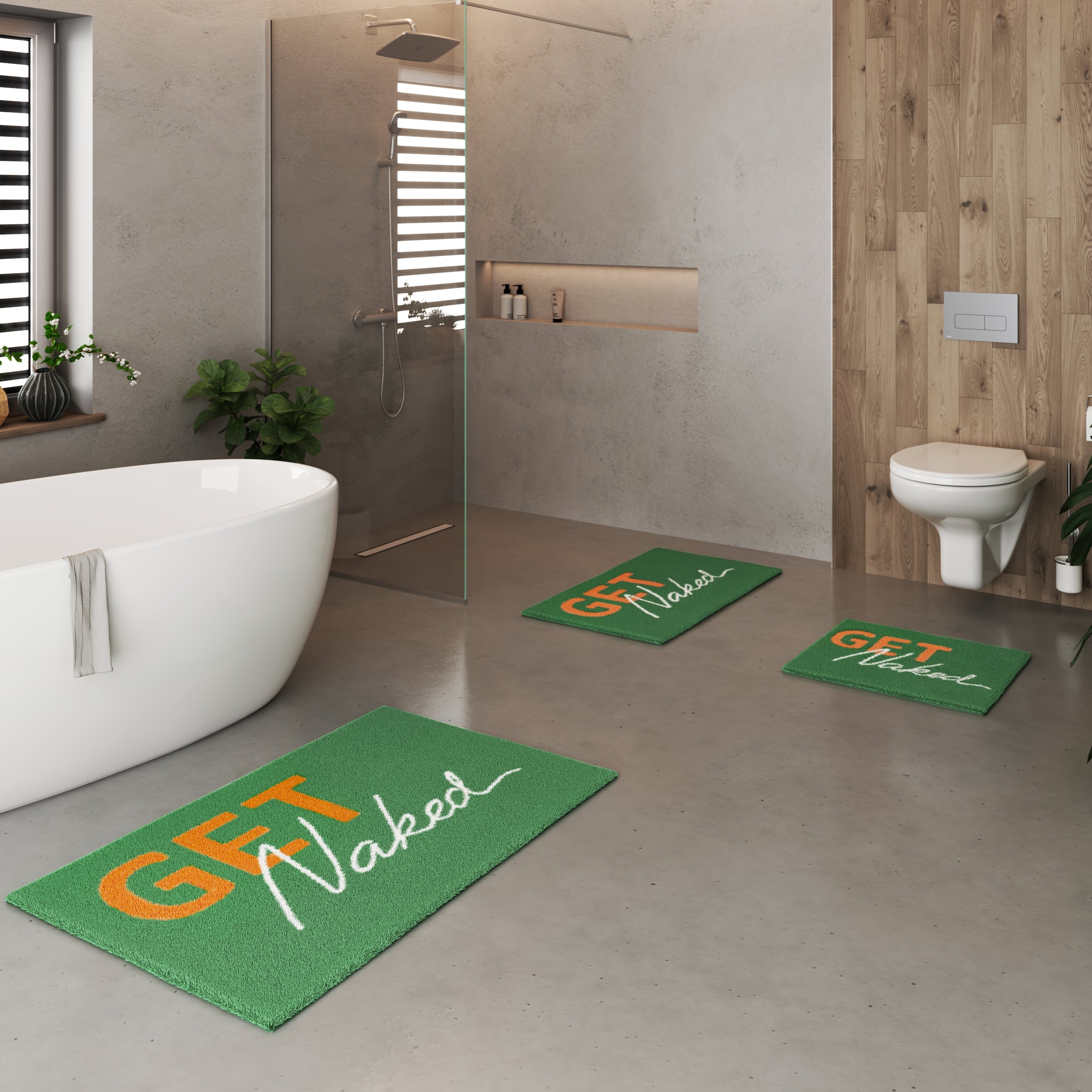 GOODproduct Tapis de bain »Get Naked, modern, Badvorleger, Badezimmer Teppich« Höhe 20 mm revêtement antidérapant Séchage rapide tapis de bain, avec inscription, 2 variantes, rectangulaire