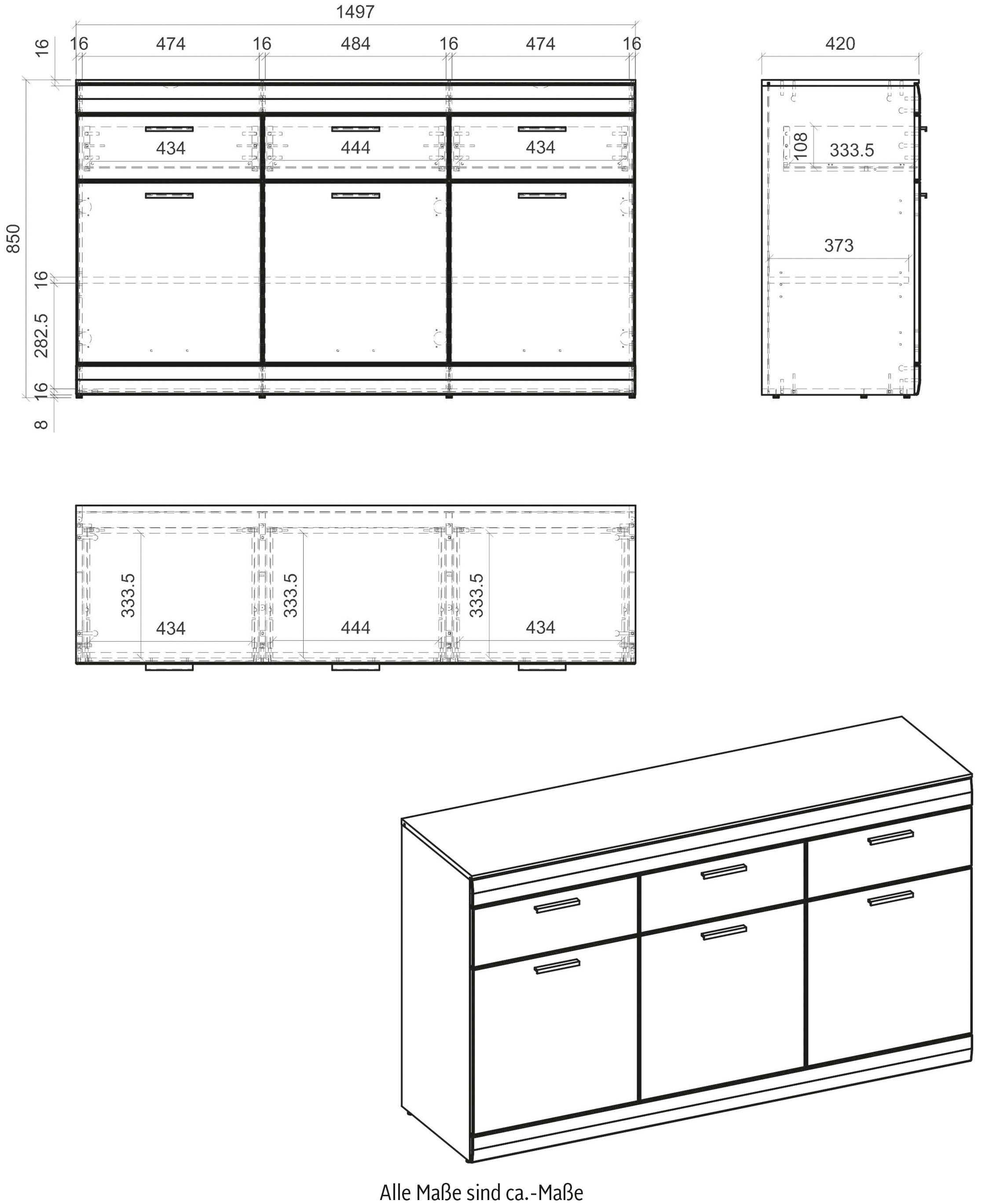 INOSIGN Sideboard »SCARA«, mit Applikation Zinneiche Dekor, Breite 150 cm, mit Softclose-Funktion