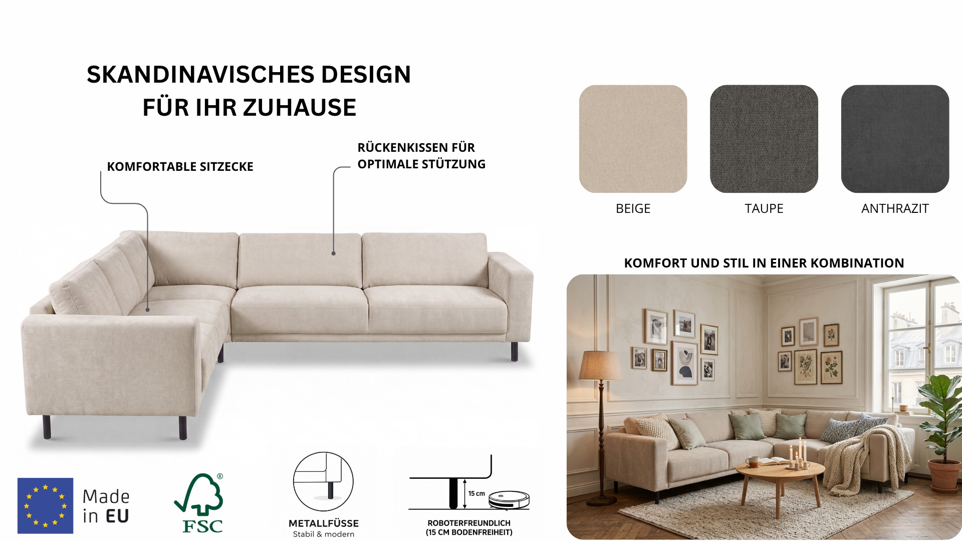 GOODproduct Ecksofa »Sveeva, L-Form, B.288 cm, schwarze Metallfüsse« langlebiger Strukturstoff, mit Wellenunterfederung, viele Farben