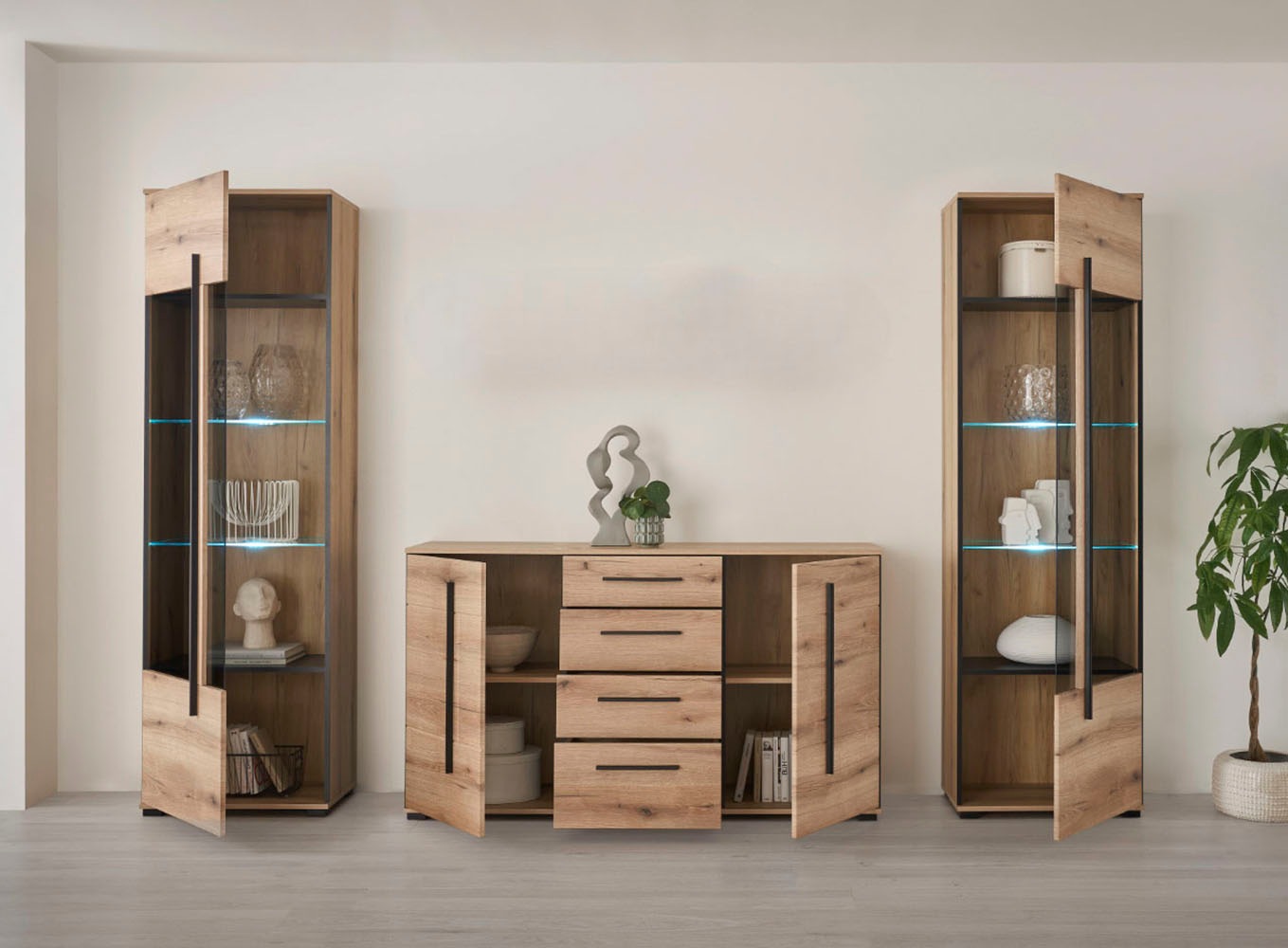 INOSIGN Wohnwand »Cantara, moderne Anbauwand, Wohnzimmer-Set, in Eiche Evoke oder Weiss«, (Set), enthält zwei Vitrinen und ein Sideboard