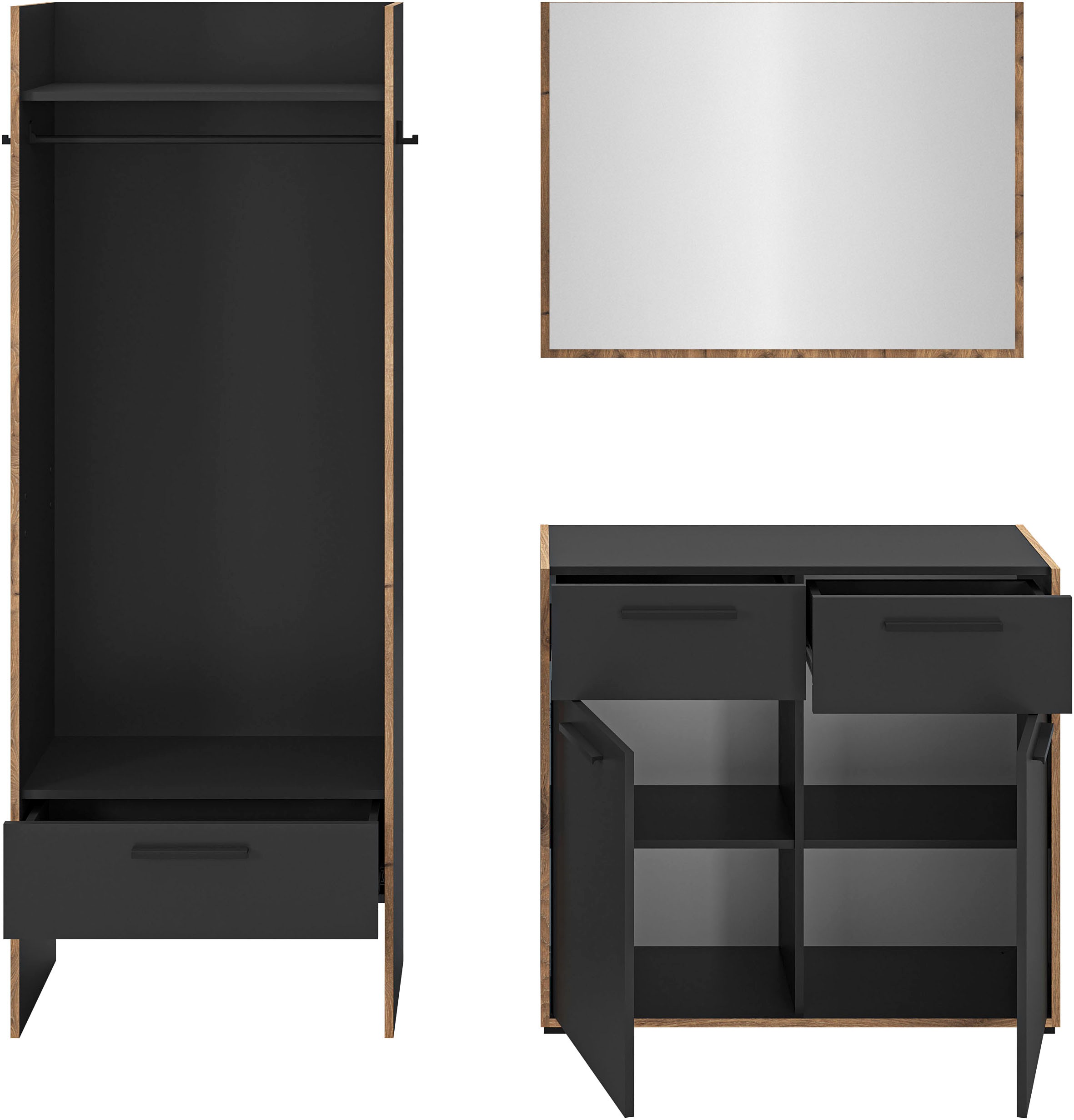 Home affaire Garderoben-Set »MUSTA, 3-teilig: Garderobenschrank, Kommode & Garderobenspiegel«