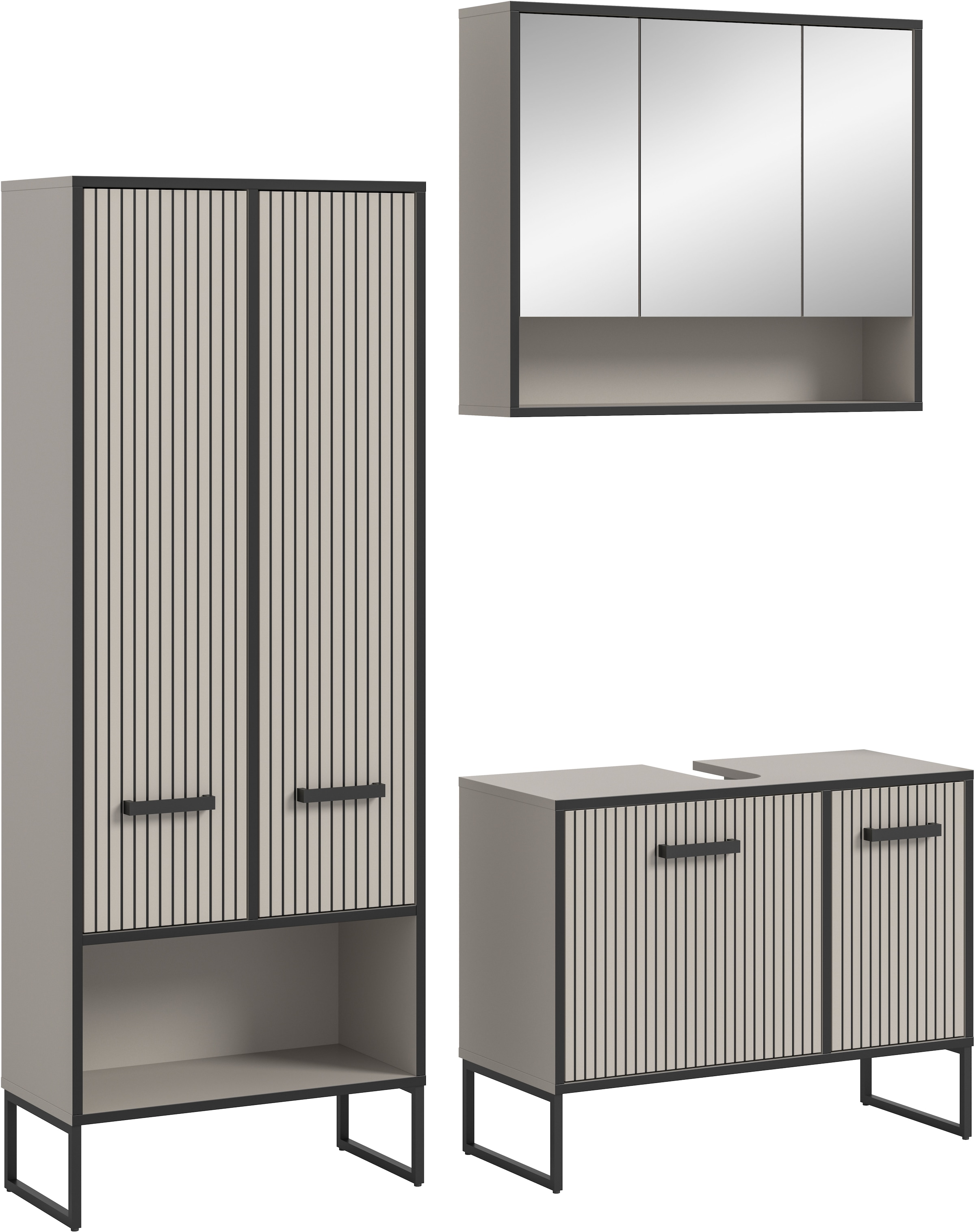 Image of welltime Badezimmer-Set "LOCRI, 3-tlg. Badkombination, Breite 154 cm, Rillenoptik, Metallkufen" bestehend aus: Hochschrank, Waschbeckeunterschrank & Spiegelschrank, 3 Stk. tlg.