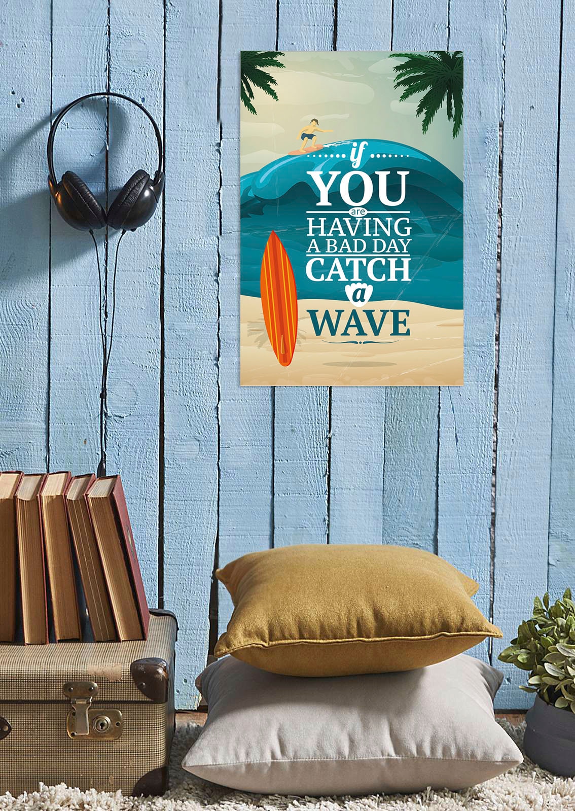 Image of queence Metallbild "Catch a wave" Meer Schriftzug Schriftzüge Strand 1 Stk. tlg. Stahlschilder