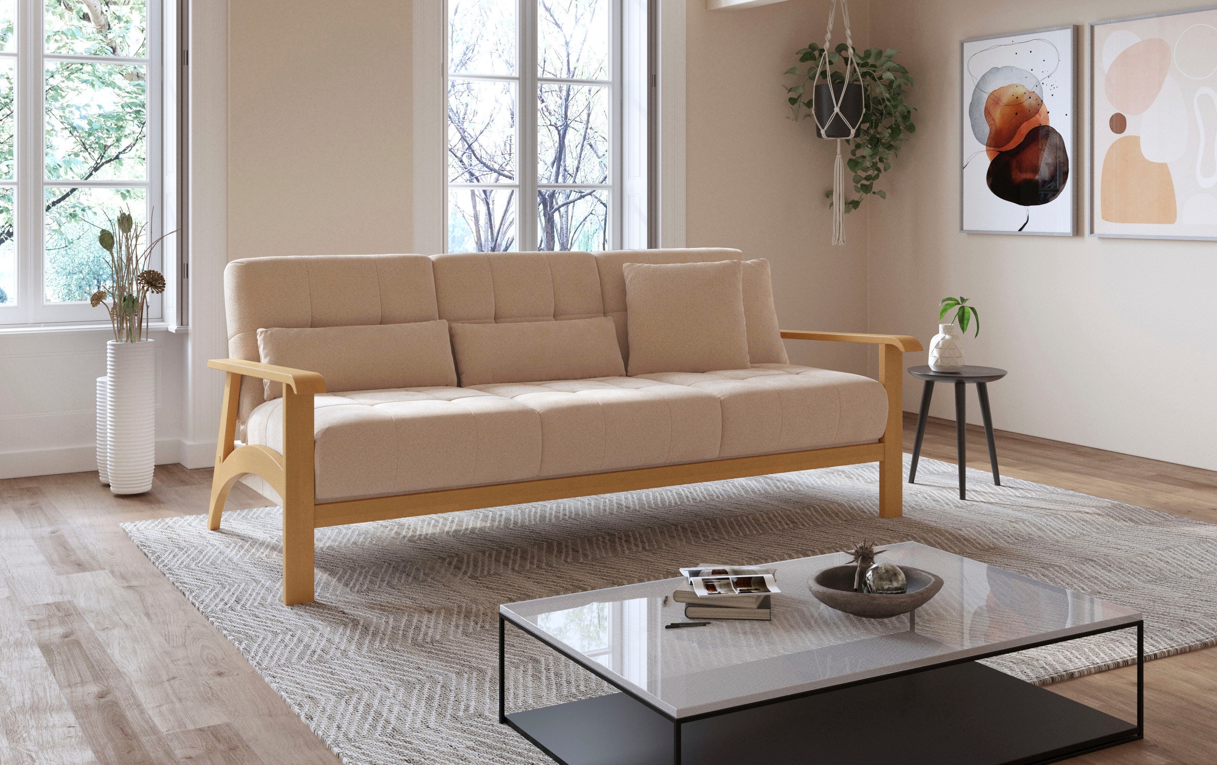 sit&more 3-Sitzer »Billund«, Armlehnen aus eichefarbigem Buchenholz, verschiedene Bezüge und Farben