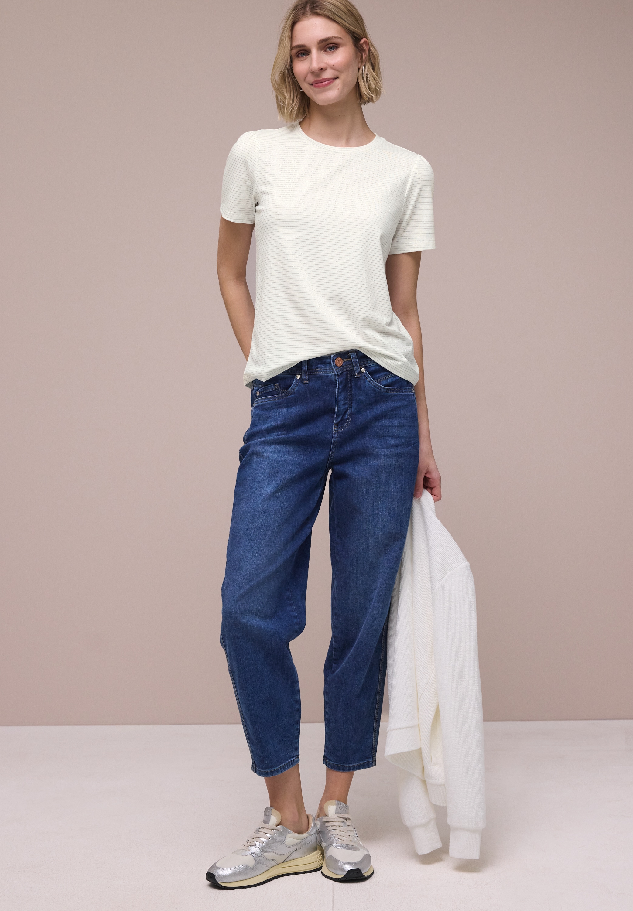 Image of STREET ONE Kurzarmshirt Sommershirt mit Rundhals und Glitzerstreifen