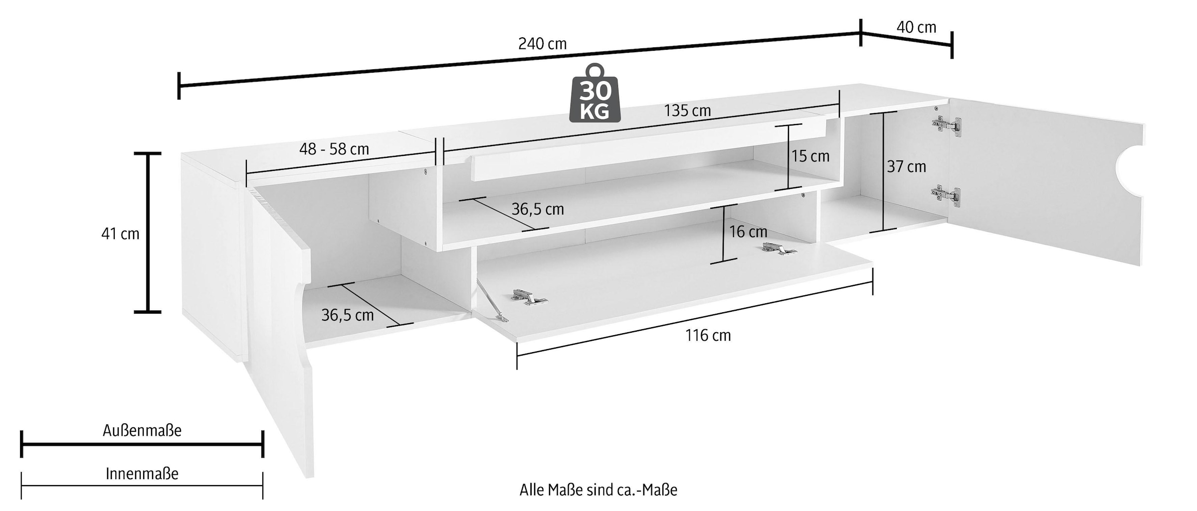 INOSIGN Lowboard »Real,Lowboard,TV-Kommode,TV-Möbel,Breite 240 kompl. hochglanz lackiert«, mit 2 abgerundeten Türen,1 Klappe,die ein ovales offenes Fach bilden