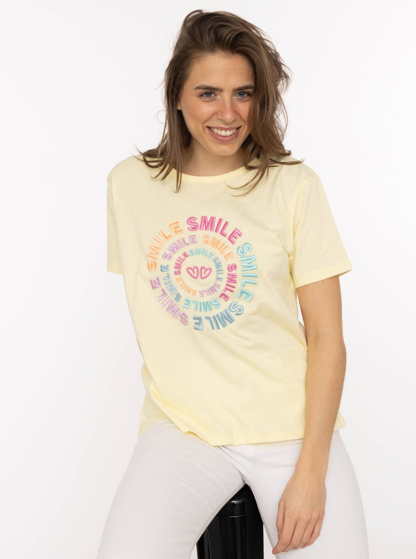 Image of Zwillingsherz T-Shirt ""Smile"" Farbenfrohe runde Stickerei, Rundhals, kurzarm