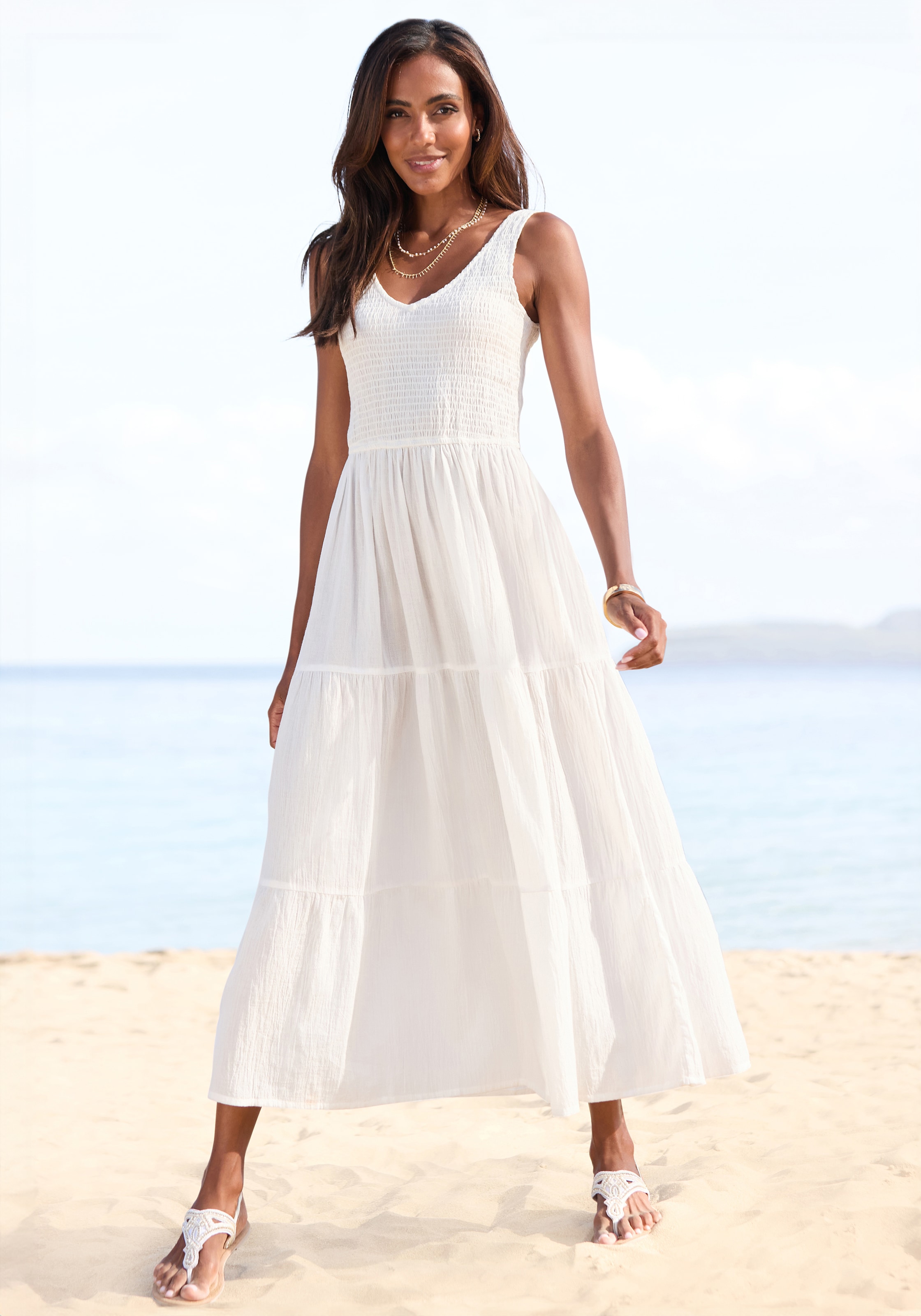 Beachtime Maxikleid, aus gewebter Baumwolle, Sommerkleid mit gestuftem Rock