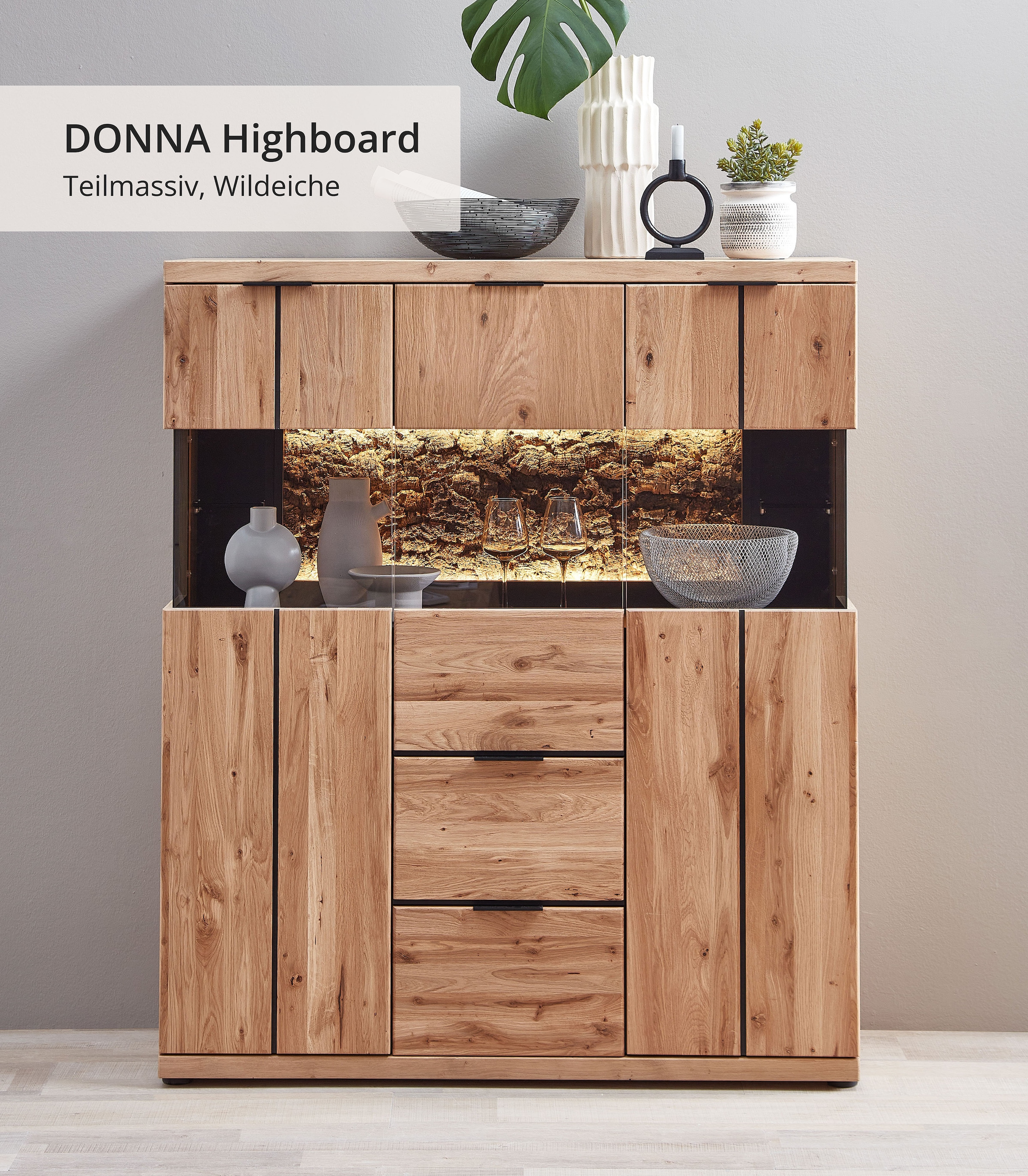 Wohnconcept Highboard »Donna Highboard, 122x144x42 (BxHxT)« 1 Stk. tlg. Beleuchtung optional bestellbar, 3 türig, 2 Schubkasten, Softclose