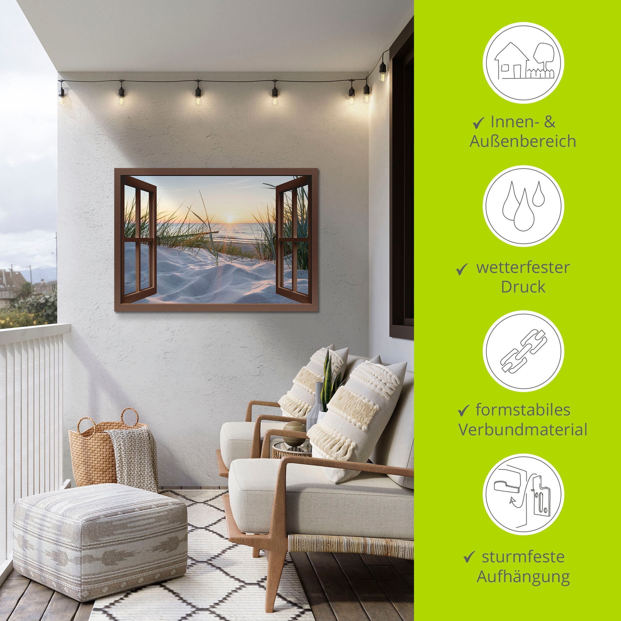 Artland Wandbild »Ostseestrand durchs Fenster«, Meer Bilder, (1 St.), als Alubild, Outdoorbild, Leinwandbild, Wandaufkleber, versch. Grössen