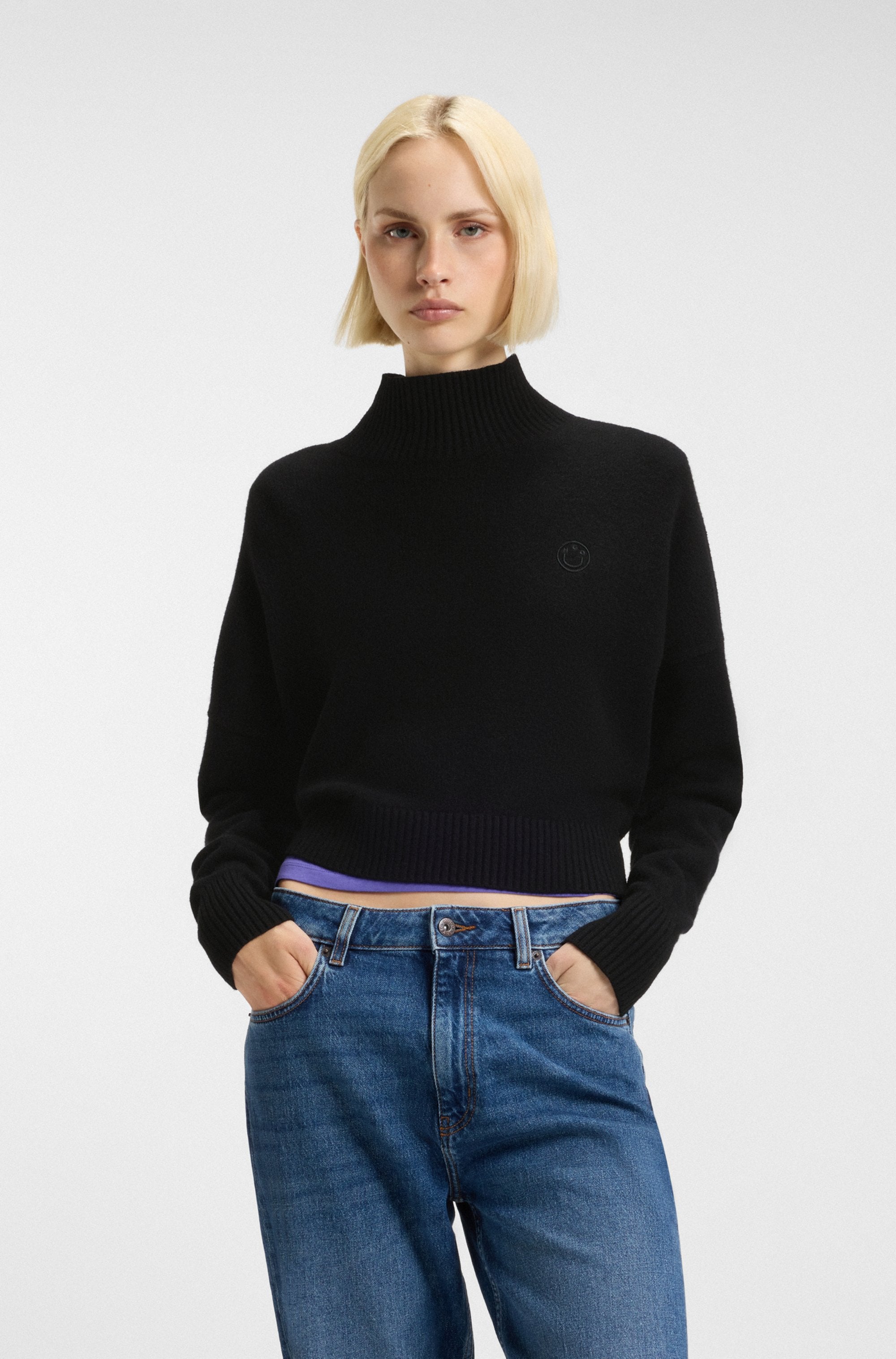 Image of HUGO Stehkragenpullover "Sesty" in Cropped-Länge, Oversize Fit
