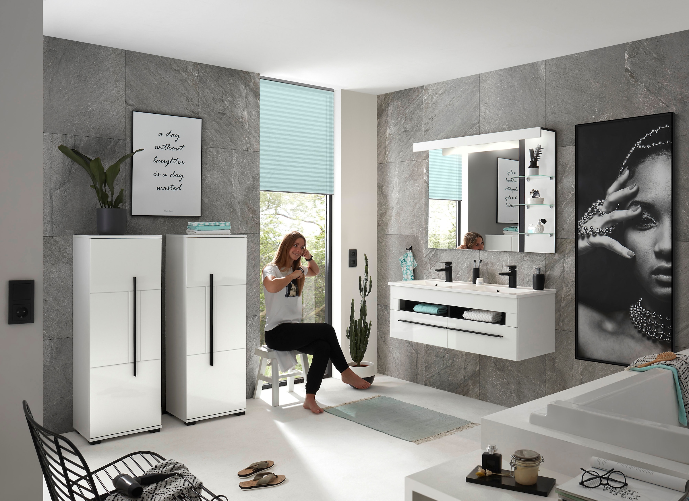 INOSIGN Badmöbel-Set »Cantara, Bad im modernen Design, 4-teiliges Badezimmer«, (Set, 4 St.), Waschtisch, Schränke und Spiegel, in Weiss Hochglanz, viel Stauraum