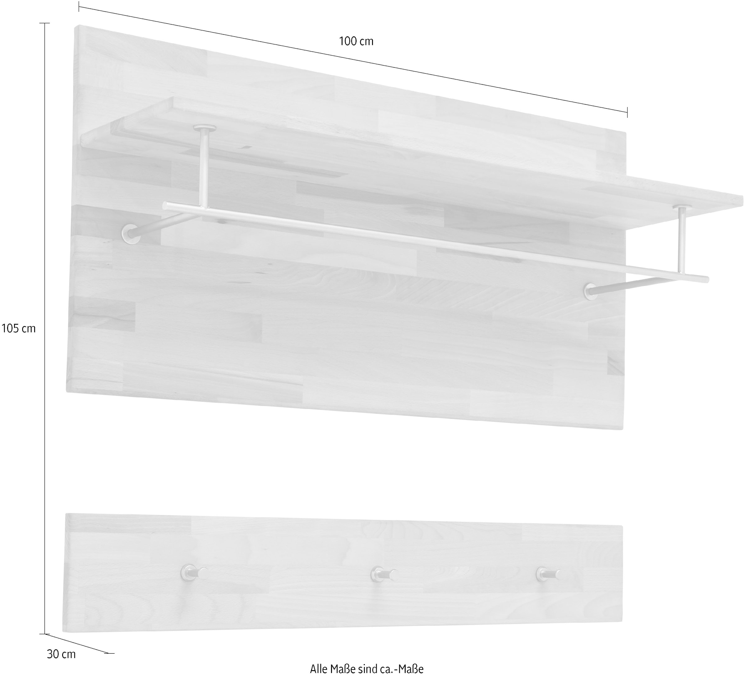 MCA living Garderobenpaneel »Fenja Paneel mit Boden, Schlüsselpaneel, Wandpaneel, Wandboard« Set, 1 Stk. tlg. Massivholz, Kernbuche, Haken, Kleiderstange, Ablageboden,Breite 100 cm