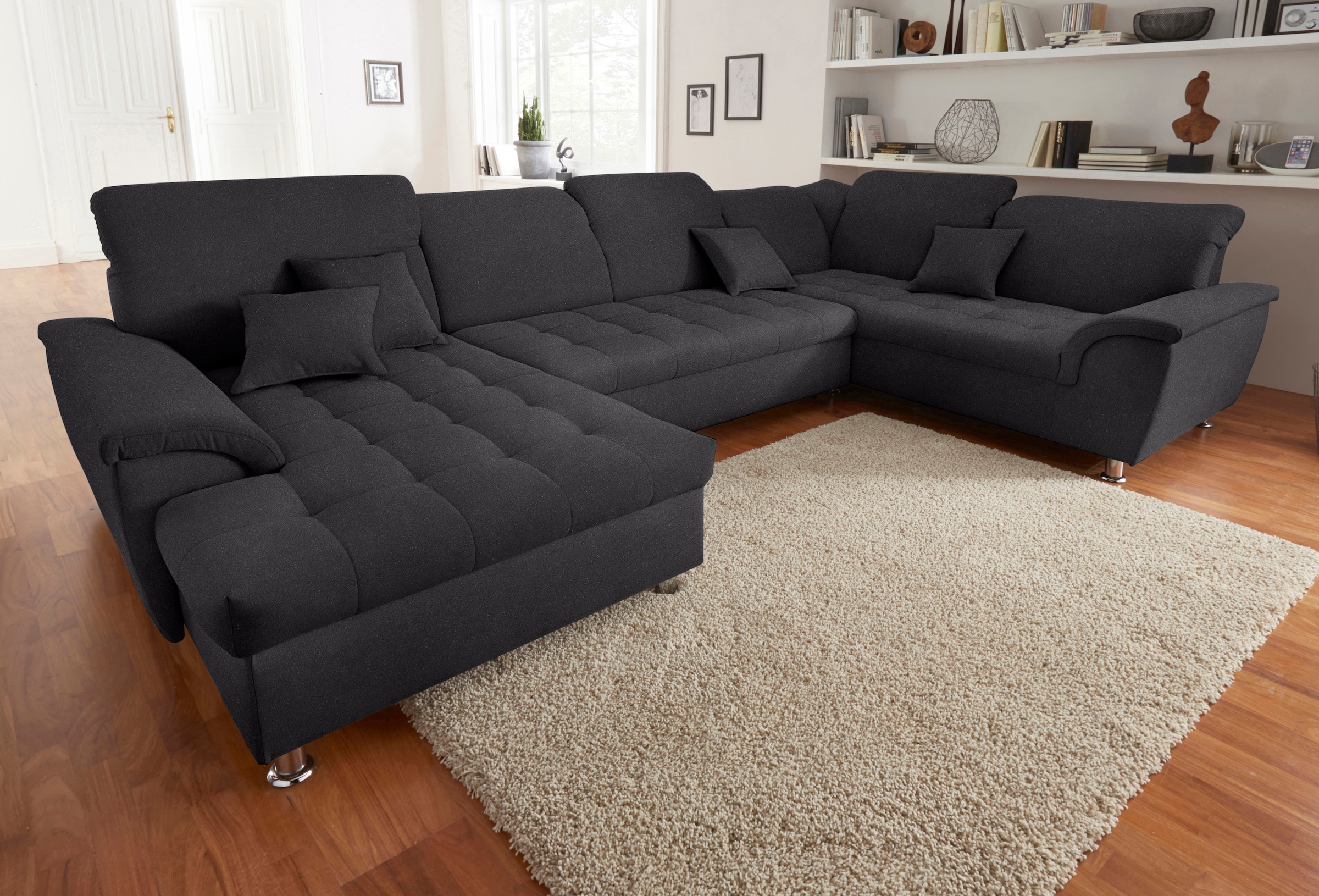 DOMO collection Wohnlandschaft »Franzi optional mit Bettfunktion, Bettkasten & Kopfteilverstellung«, XXL-Sofa, U-Form, belastbar bis 140kg/Sitz, graphite, Breite: 352cm