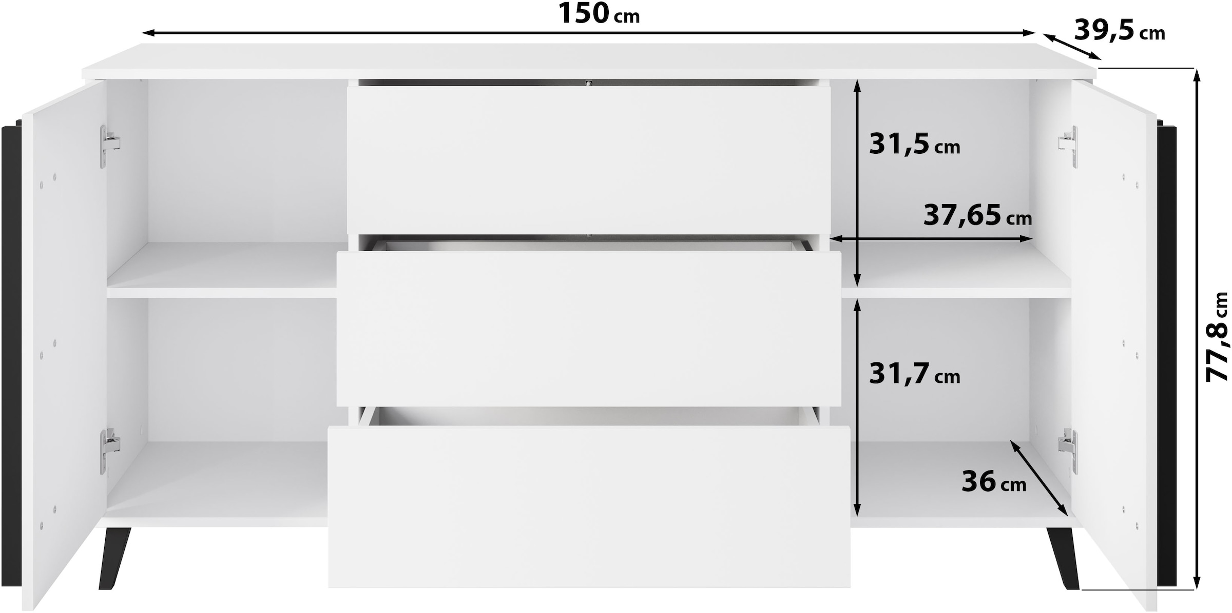 Home affaire Buffet »Helsinki, Kommode mit 2 Türen und 3 Schubladen, Breite 150 cm« 1 cuis tlg. Tiroirs push-to-open, étagères réglables en hauteur