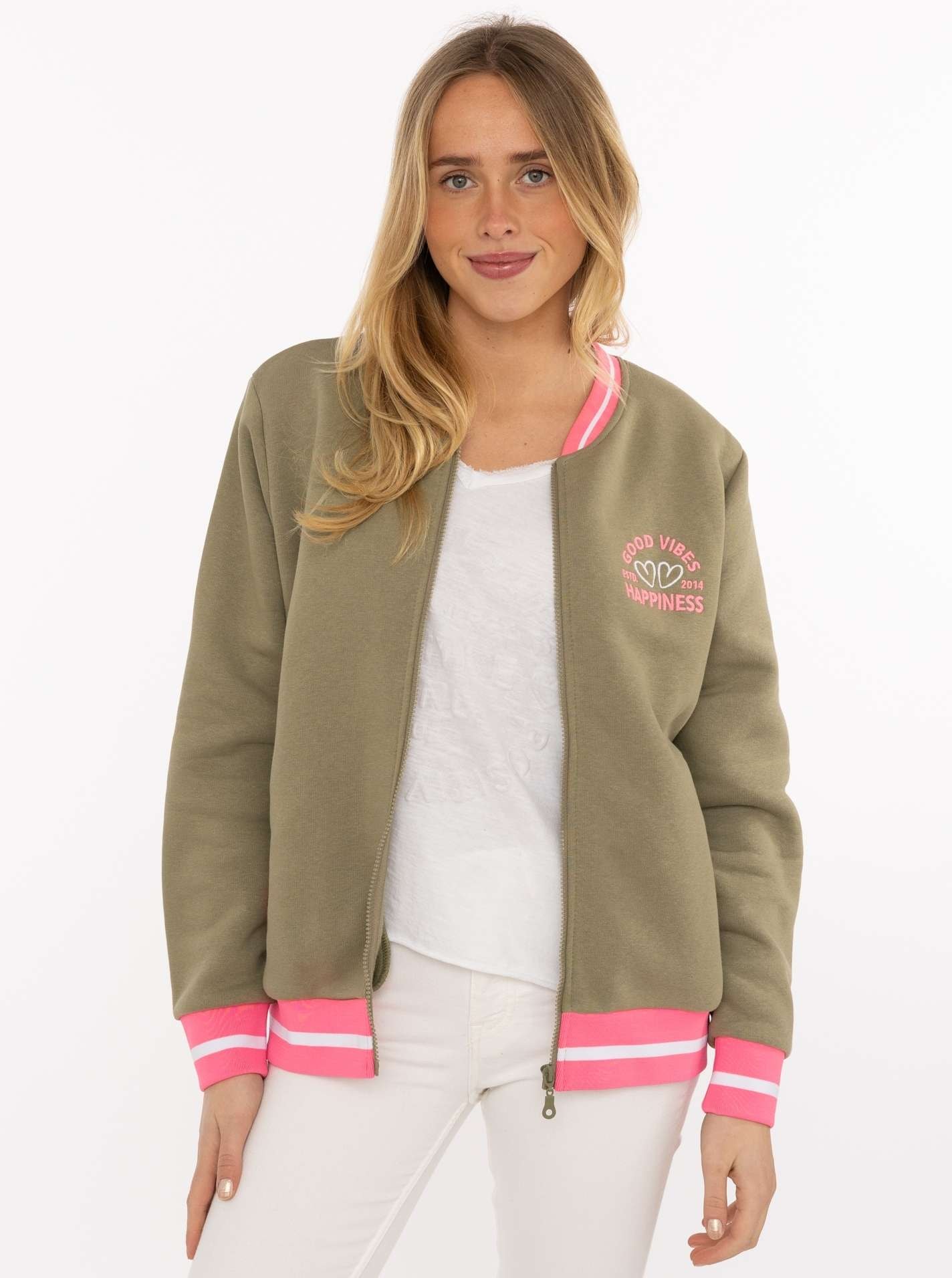 Image of Zwillingsherz Sweatjacke ""College"" Reissverschluss, gestreiften Rippbündchen, Eingriffstaschen, Stickerei