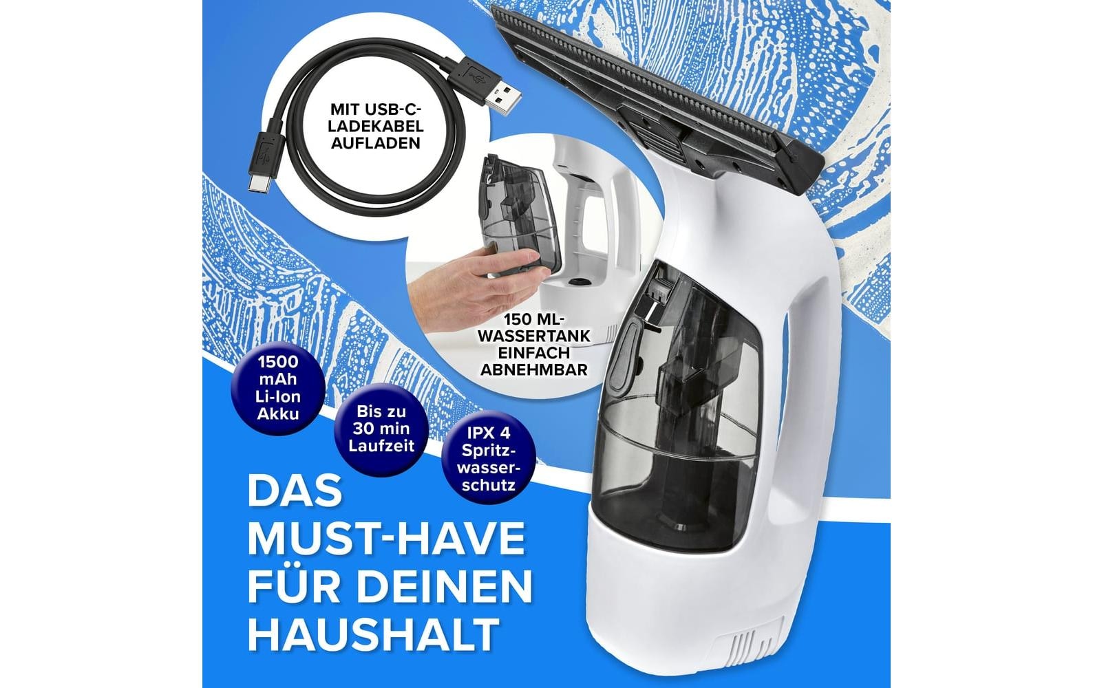 Lumaland Aspirateur de vitres sans fil »CLEANmaxx 3,7 V« Kabelloser Fensterreiniger mit Absaugfunktion