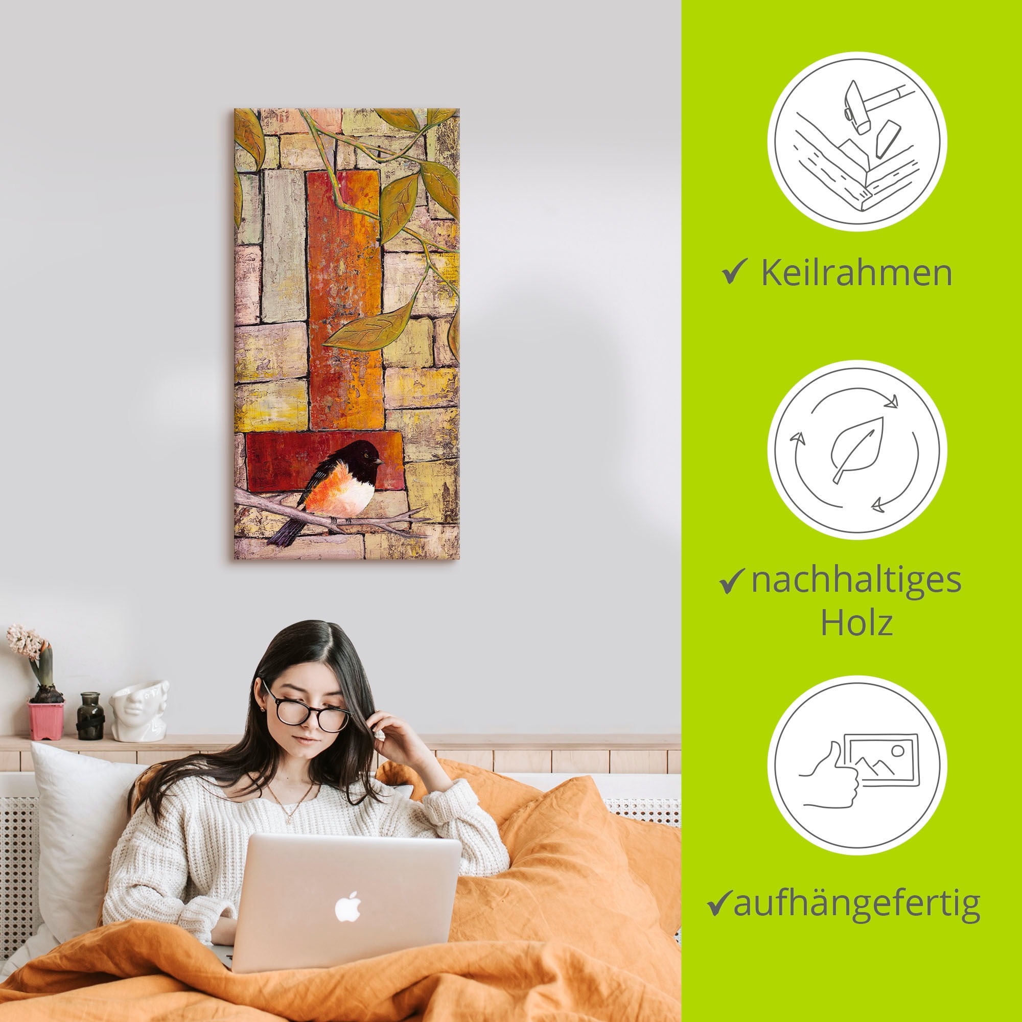 Artland Tableau sur toile »Vogel auf einem Ast I« 1 cuis tlg. auf Holzrahmen gespannt