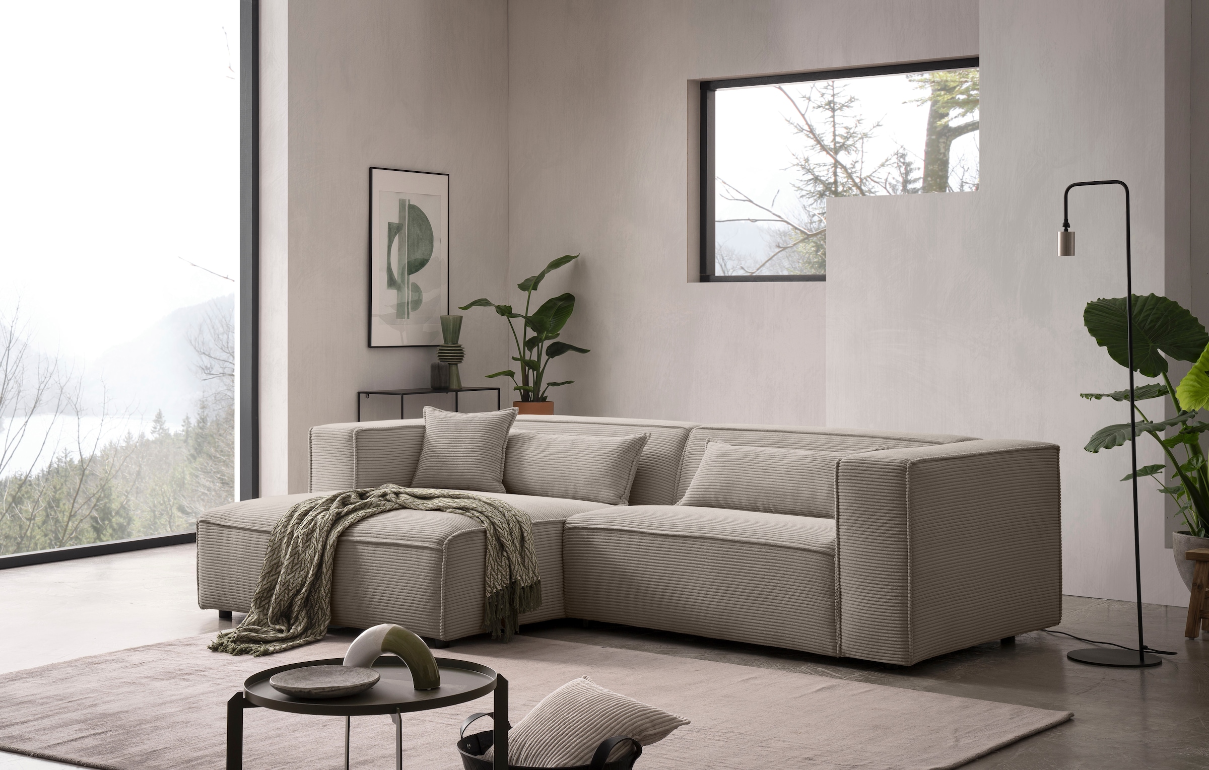 LeGer Home by Lena Gercke Ecksofa »PIARA mit Kedernaht, Cord, Leinenoptik o. Strukturstoff, Couch, L-Form«, wahlweise Ottomane rechts/links, schwarze Füsse, bequemer Sitzkomfort