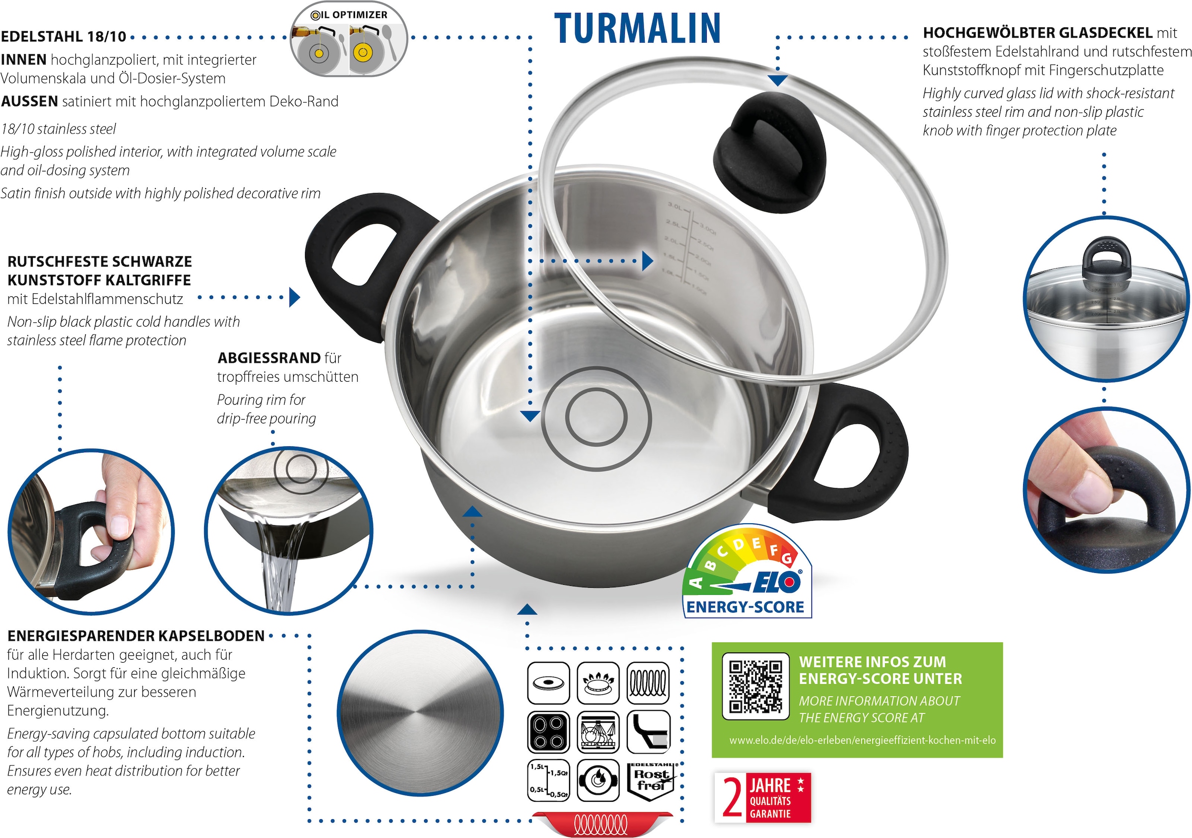 Elo Basic Set de casseroles »Turmalin« Ensemble, je 1 Fleischtopf Ø 16/20/24 cm, 1x Stielkasserolle Ø 16 cm, 7 cuis tlg. Acier inoxydable 18/10