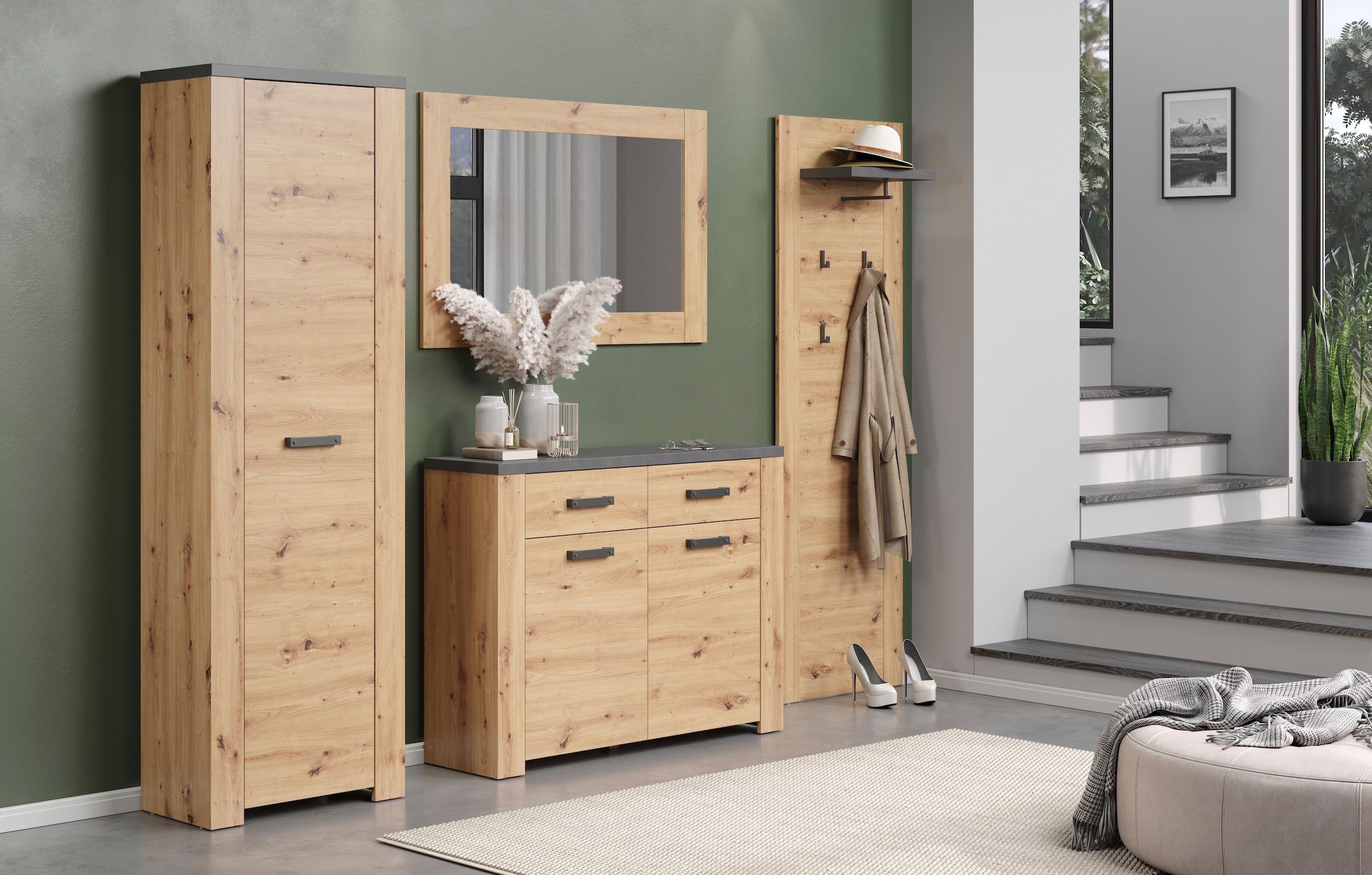 Home affaire Garderobenschrank »Ambres Inkl. ausziehbarer Kleiderstange« 1 Stk. tlg. Garderobenpaneel mit Ablage & Haken - (B/T/H) 62/26/199 cm