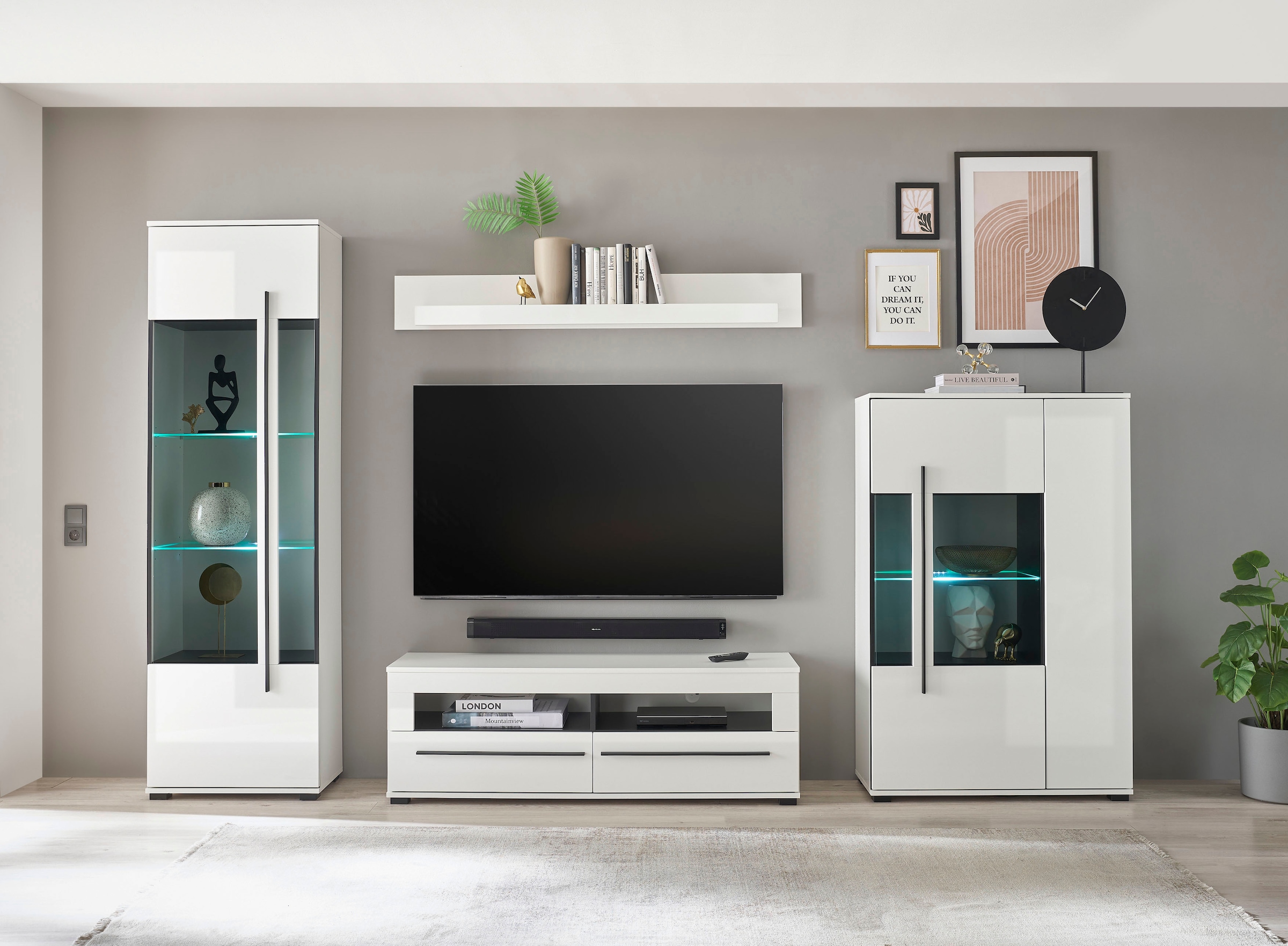 INOSIGN Wohnwand »Cantara, moderne Anbauwand, Wohnzimmer-Set, in Eiche Evoke oder Weiss«, (Set), enthält zwei Vitrinen, ein Lowboard und ein Wandboard