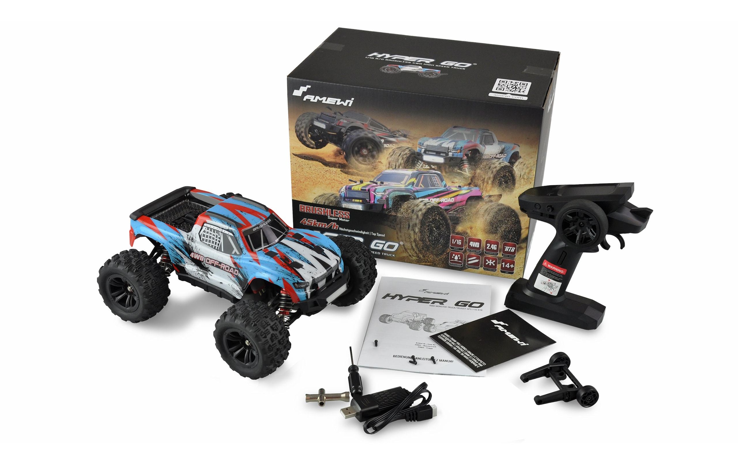 Amewi RC-LKW »Monster Truck Hyper GO Brushless 4WD, Blau/Weiss, RTR«