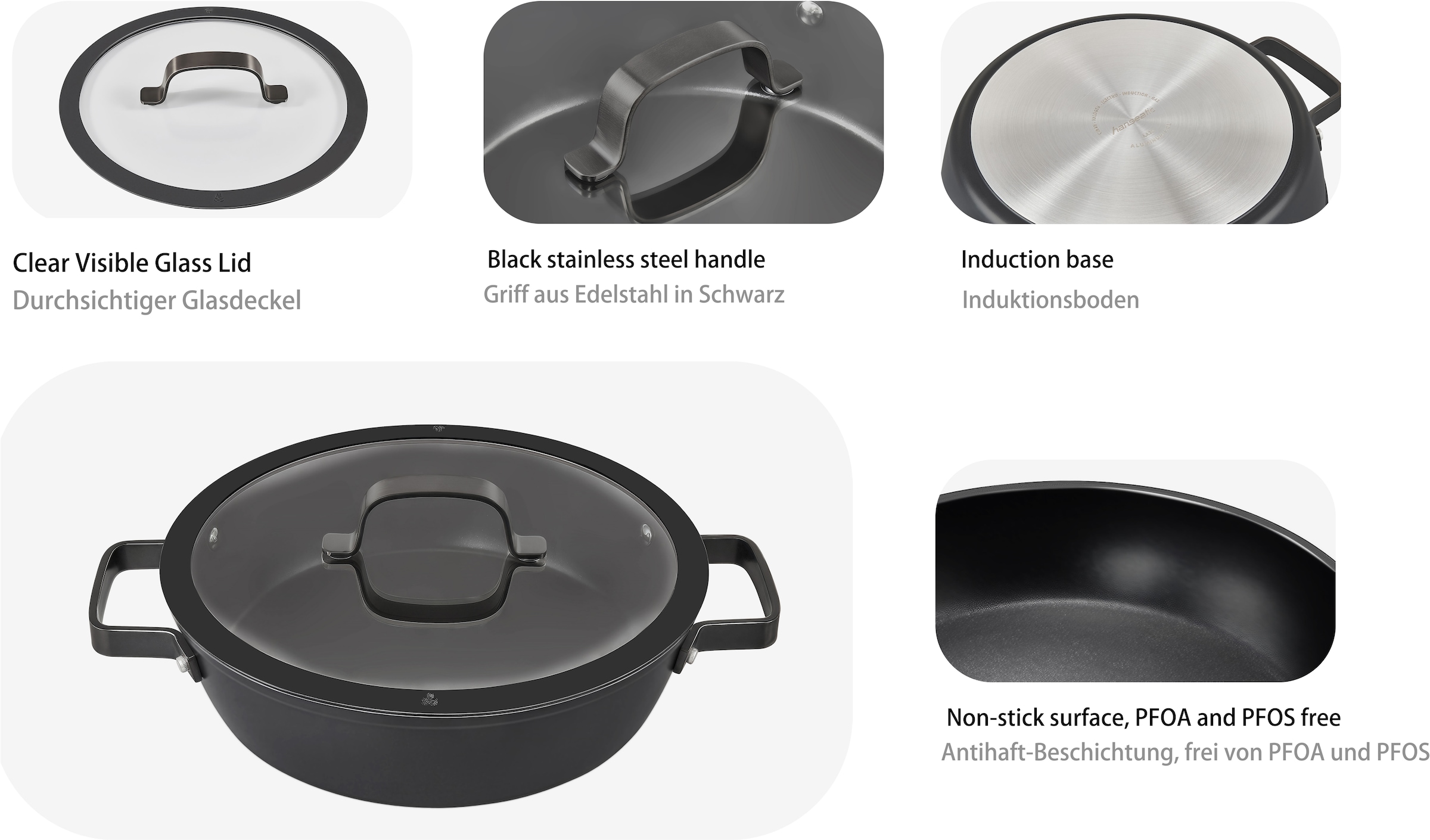 Hanseatic Pfannen-Set »ALU PRO«, Aluminium, (Set, 3 tlg., 1x Pfanne 24 cm, 1x Servierpfanne 28 cm mit Deckel), Profi Pfannen mit Antihaftbeschichtung, für alle Herdarten, Induktion