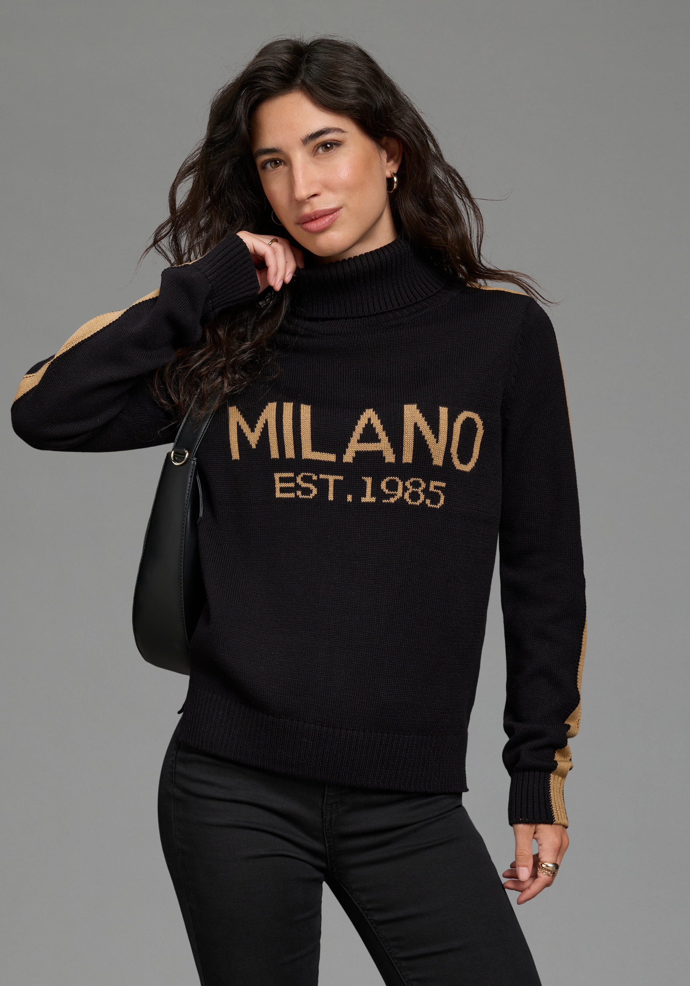 Image of Laura Scott Strickpullover "mit Rollkragen, figurumspielende Passform" mit Kontraststreifen und Schriftzug