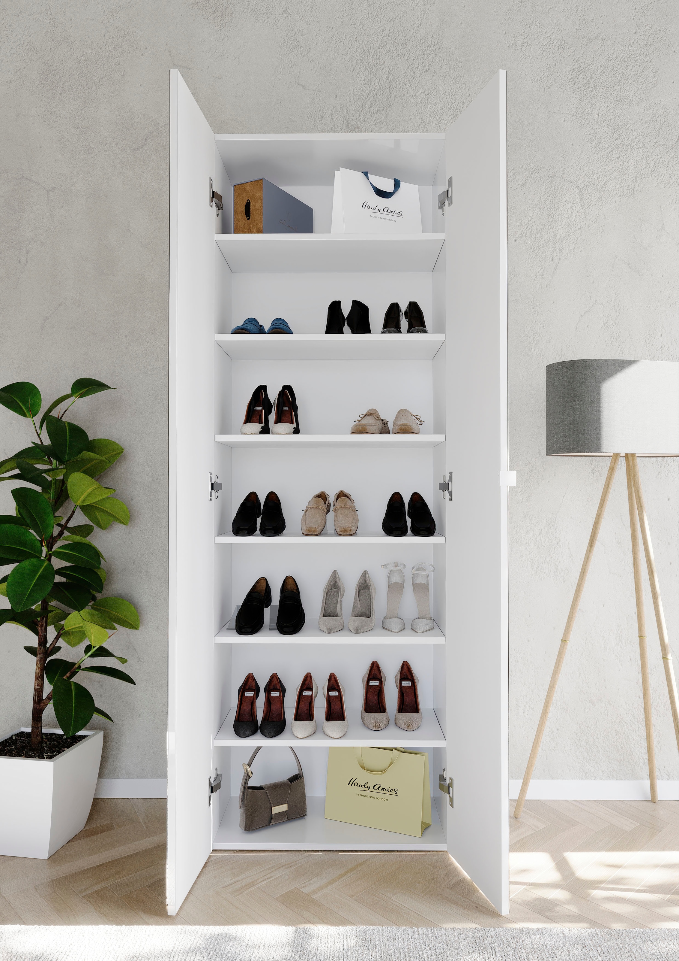 INOSIGN Schuhschrank »SMILE Höhe 184 cm, Weiss Hochglanz lackiert mit 2 Spiegeltüren,«, Schuhregal mit 7 Ebenen, Metallgriff, viel Stauraum, 4 Böden variabel