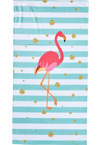 Strandtuch »Flamingo«, (1 St.), gestreift & Motiv, mit Reisverschluss-Tasche für...