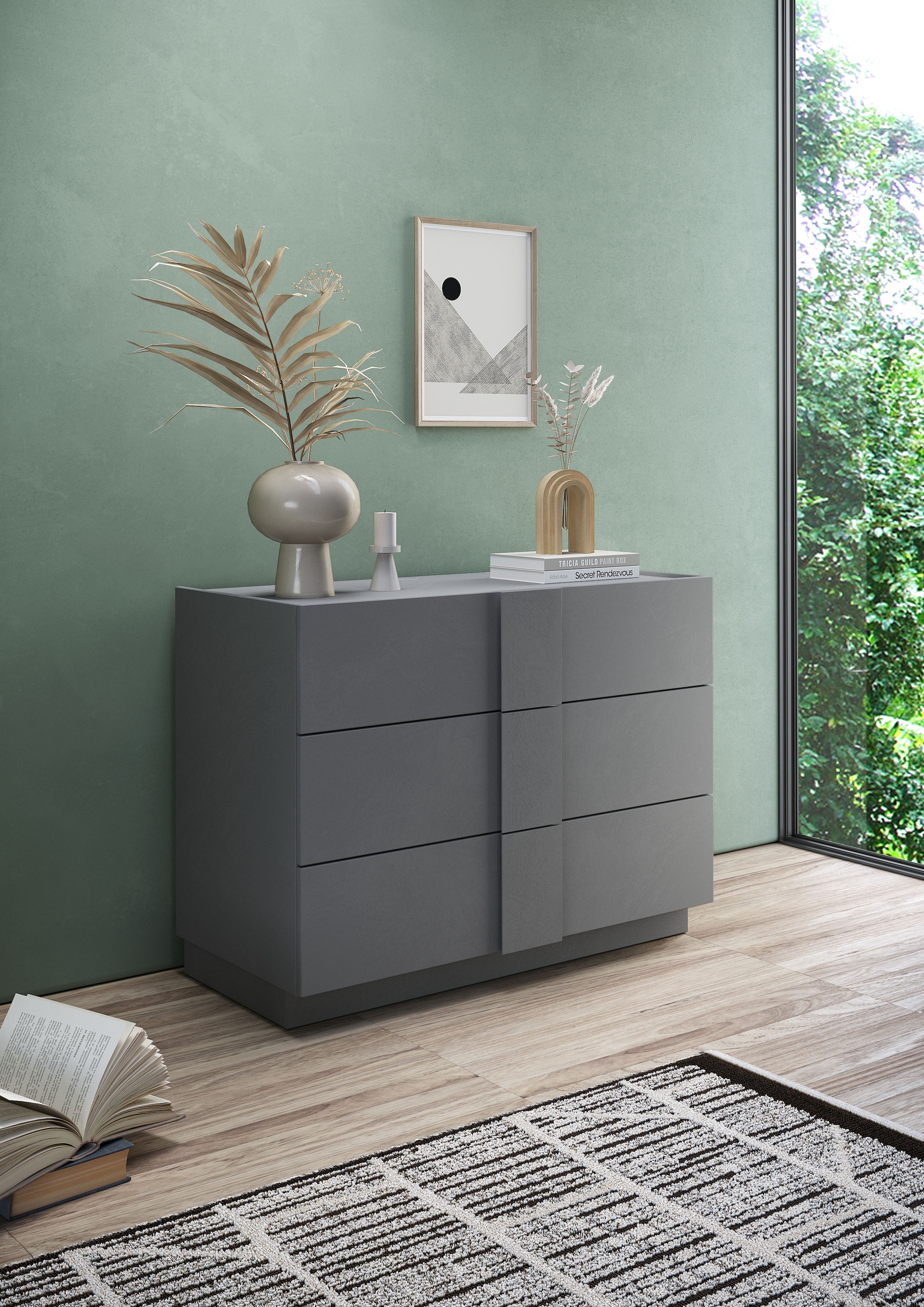 INOSIGN Schubkastenkommode »Jupiter, Kommode, Stauraumkommode, Beistellkommode, 2 Schubladen« B/T/H 110/83/52 cm, moderne Griffblende, trendiges Steingrau, kompakt