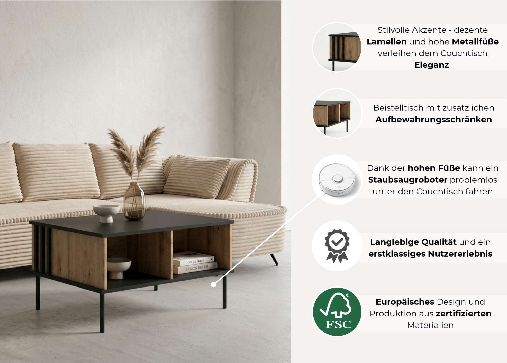 GOODproduct Couchtisch »AELLOR Kaffeetisch mit viel Stauraum, modernes Design« Beistelltisch mit zusätzlichen Aufbewahrungsschränken
