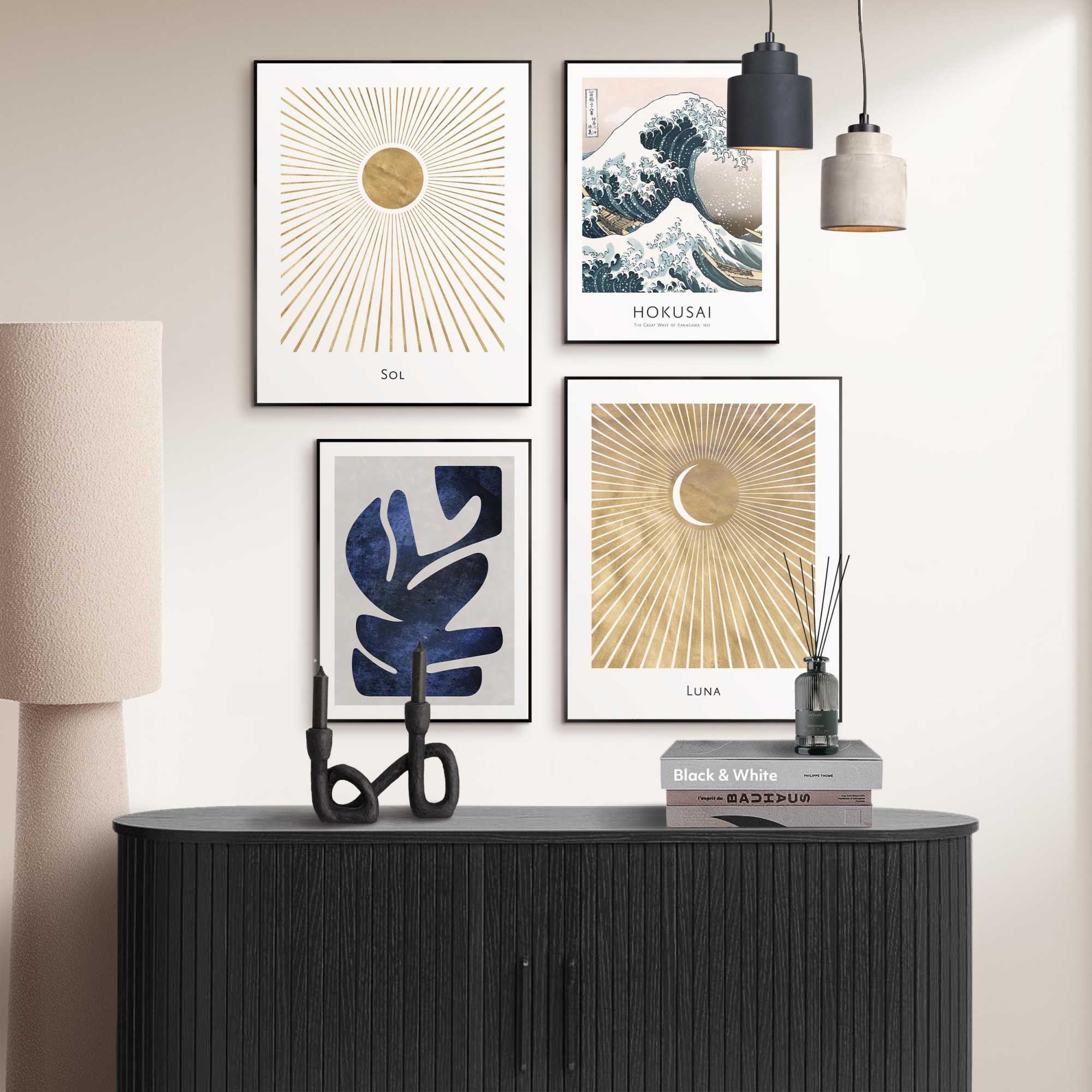 Image of Reinders Bild mit Rahmen "Hokusai die grosse Welle gesetzt" Gemälde 4 Stk. tlg. Wohnzimmer - Blau - MDF - Berühmte Künstler - 40x50 cm