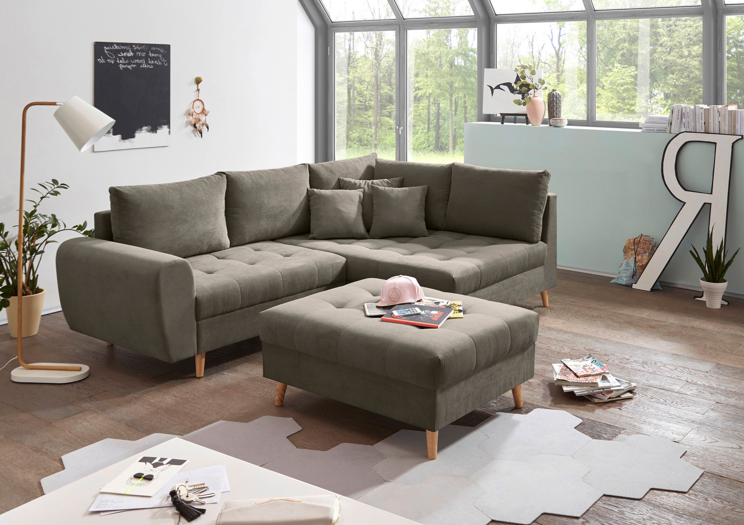 Image of ED EXCITING DESIGN Ecksofa "Alice L-Form" mit Hocker & 3 Zierkissen