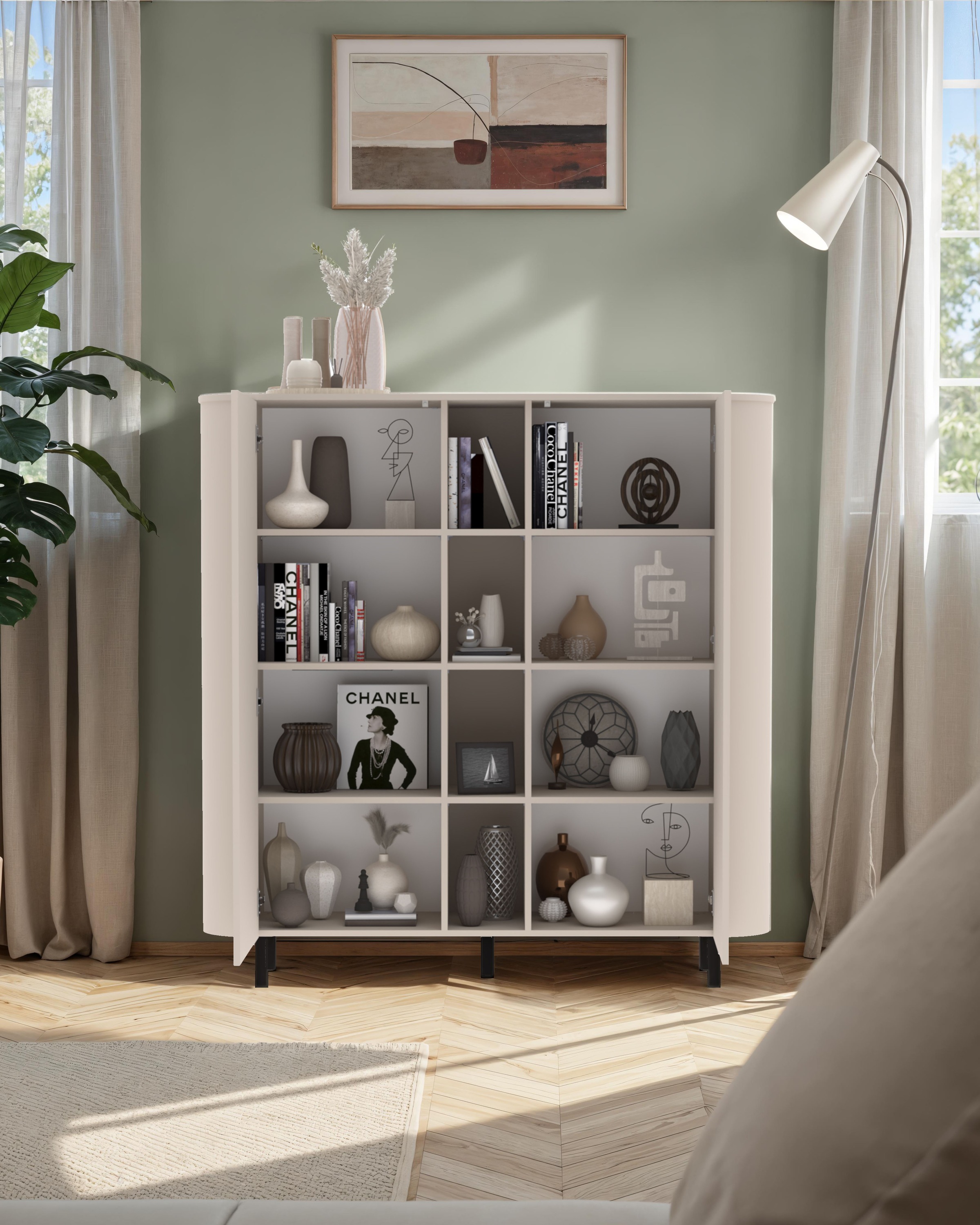 GOODproduct Highboard »Lido, B/H 150/154 cm, 2 Türen, 4 offene Fächer, Stauraumschrank« Formgebogenes MDF, Stirnseiten mit Rundung, Push-to-open, Metallfüsse