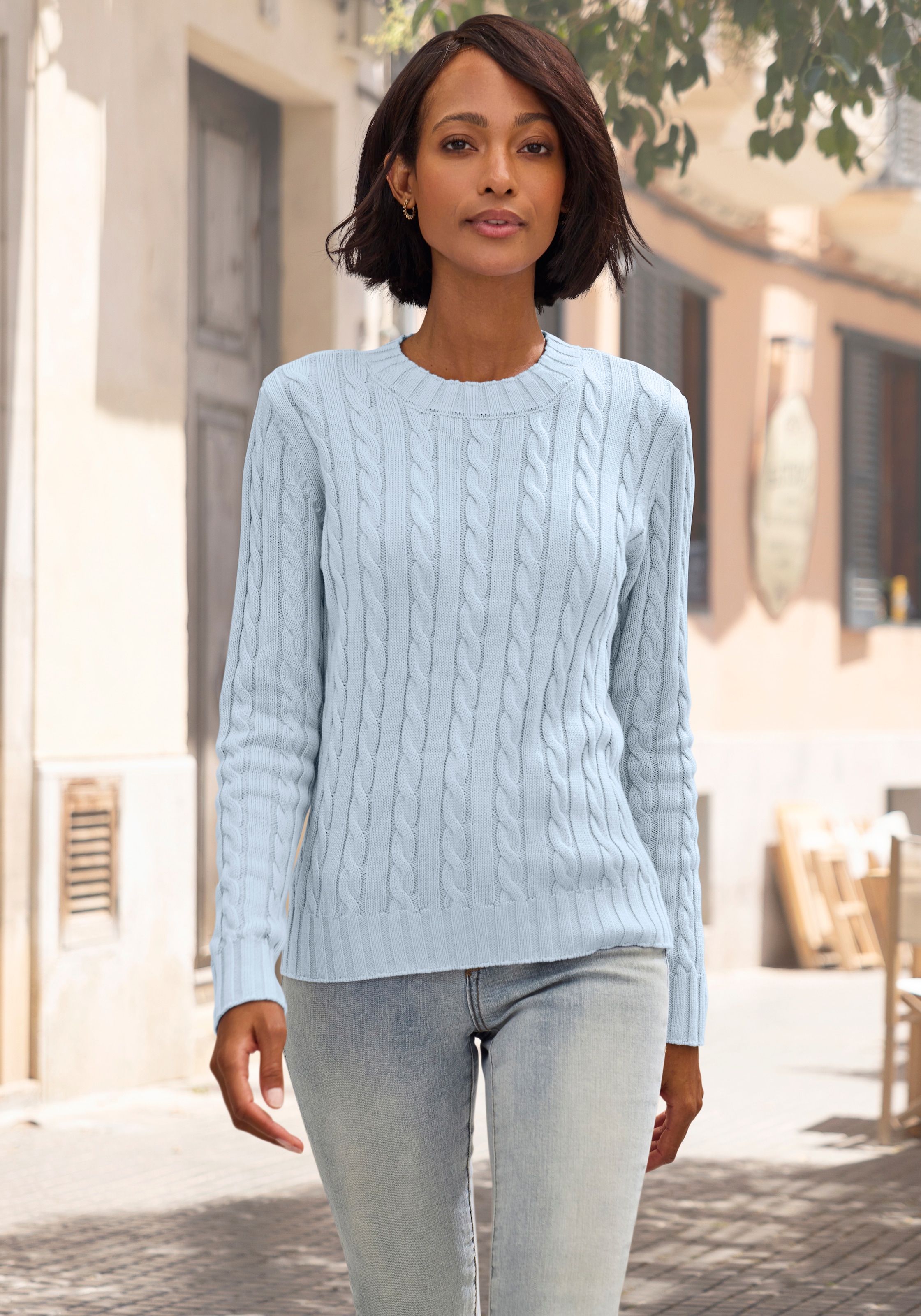 LASCANA Pull à col rond avec motif torsadé, pull en tricot confortable, classique