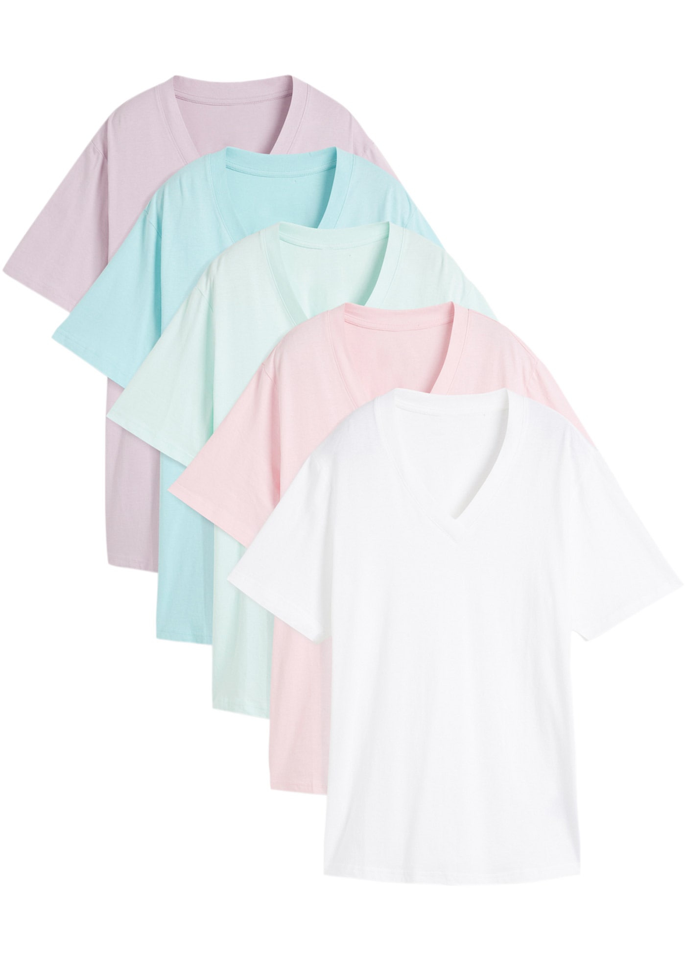 bonprix T-shirt long »Weites Long-Shirt mit V-Ausschnitt, Kurzarm (5er Pack)« Packung, 5 pièces lockere Passform, Kurzarm, mit V-Ausschnitt, unifarben
