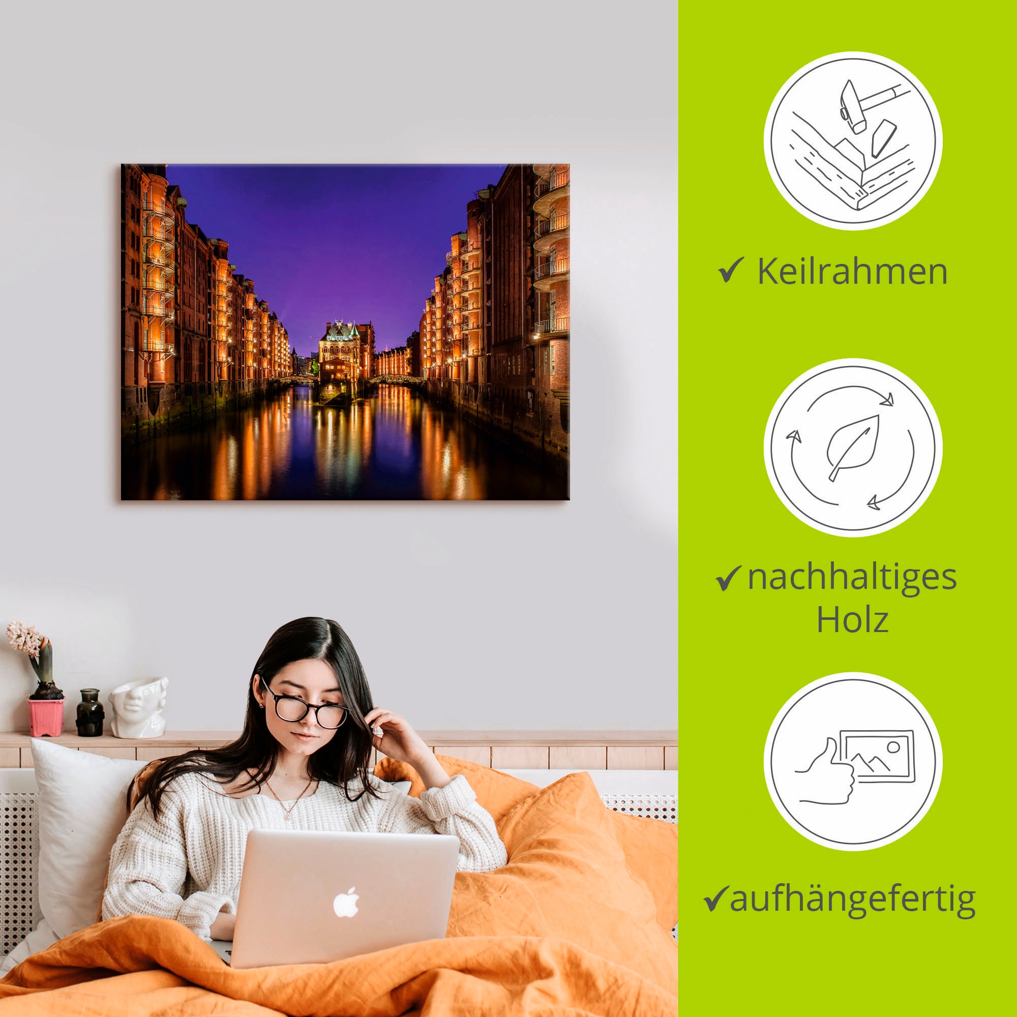 Artland Leinwandbild »Hamburg Speicherstadt bei Nacht« Gebäude 1 Stk. tlg. auf Keilrahmen gespannt