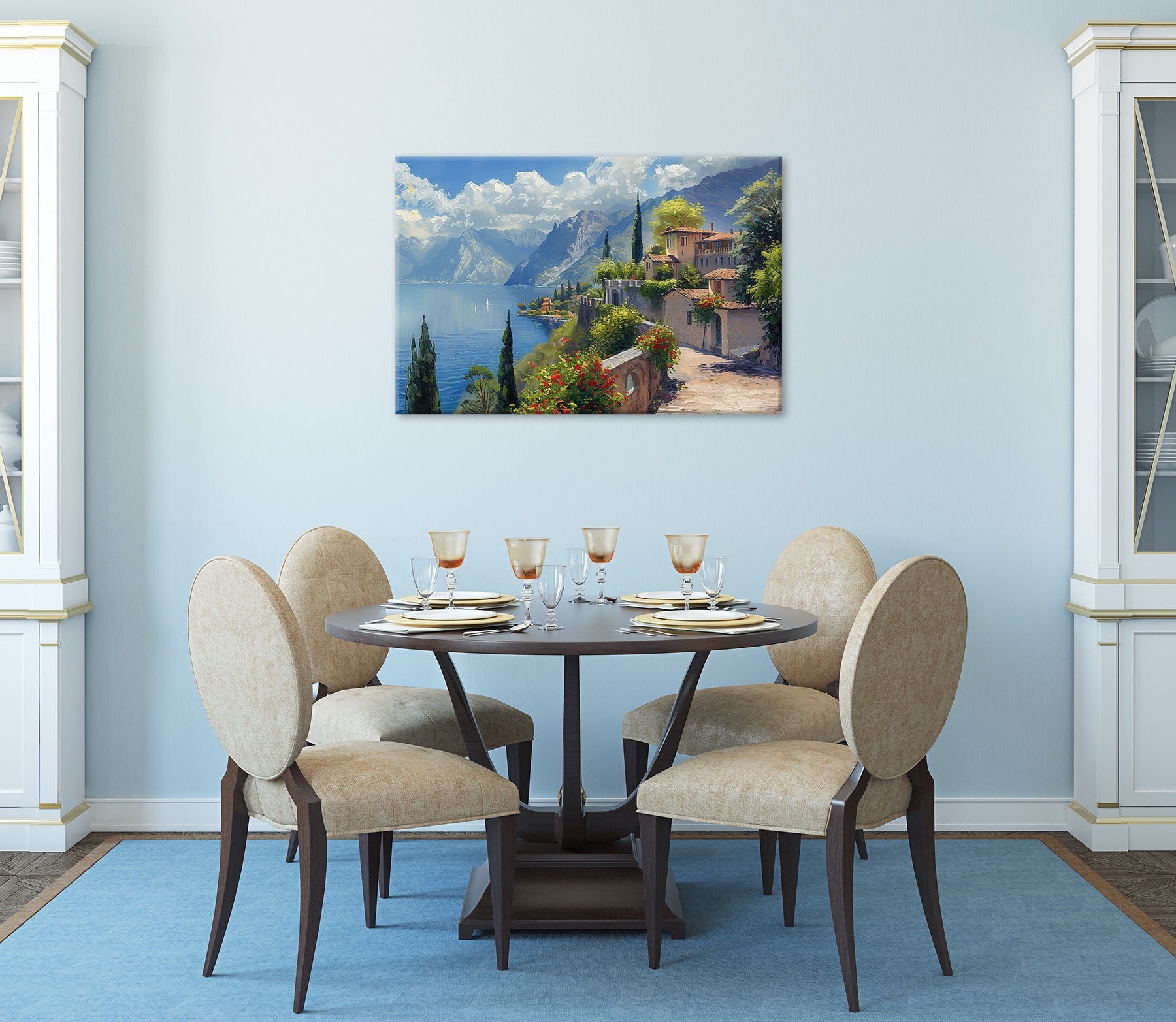 Bönninghoff Tableau sur toile »Wandbild STADT AM BERGSEE 60x90 cm – Leinwandbild Keilrahmen Deko« Bâtiments | Images marines | Italie | Mer | Montagnes | Nature | Paysage 1 cuis tlg. tendu sur châssis