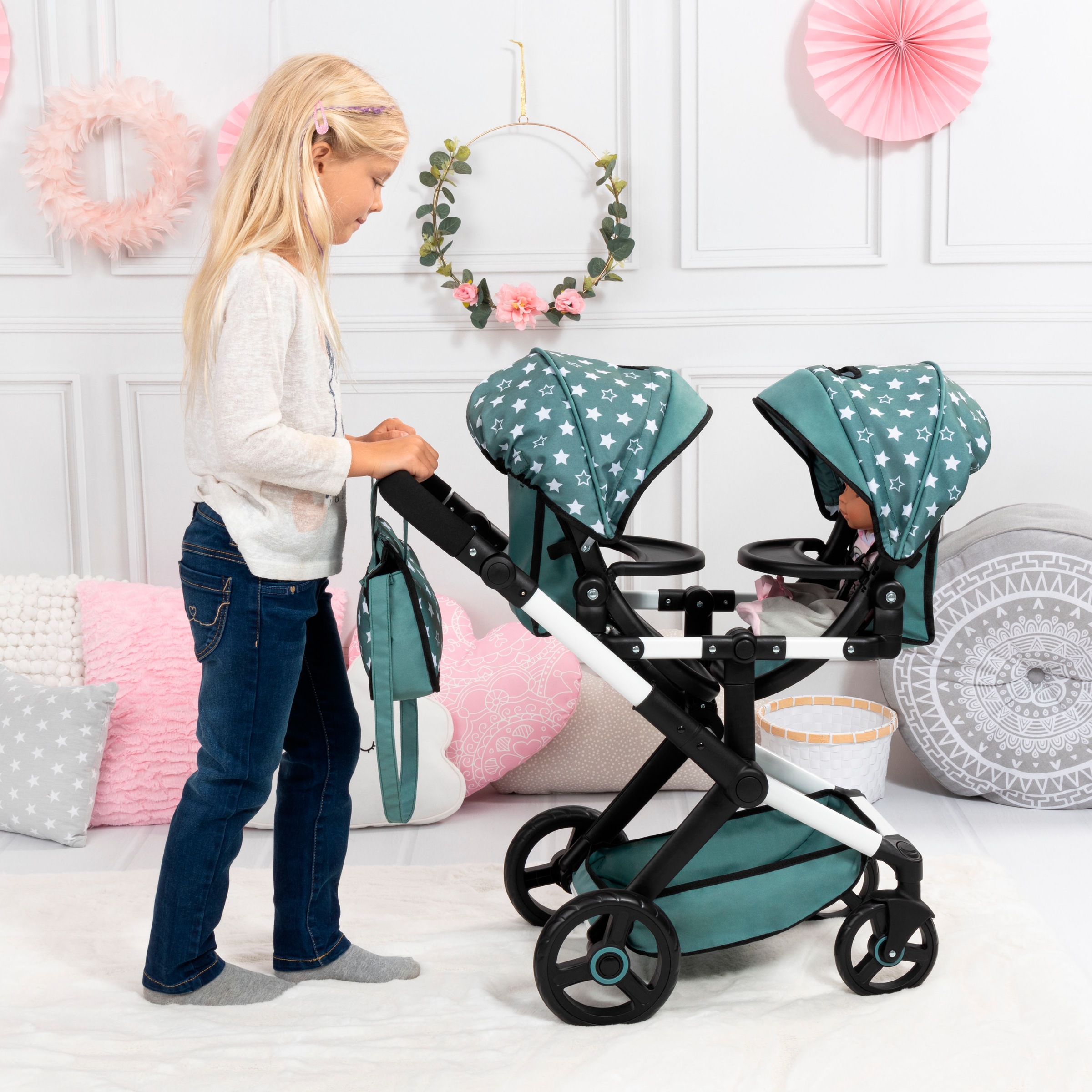 Bayer Puppen-Zwillingsbuggy »Xeo Twin grün« mit Wickeltasche