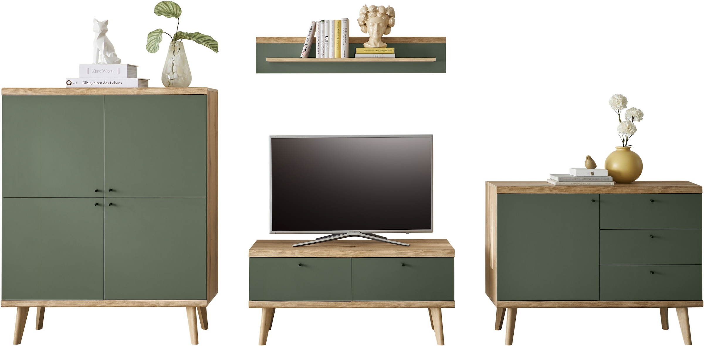 INOSIGN Wohnwand »MAVAS«, (Set, 4 St.), in moderner Trendfarbe, Griffe aus Metall (Schwarz), Breite 341 cm