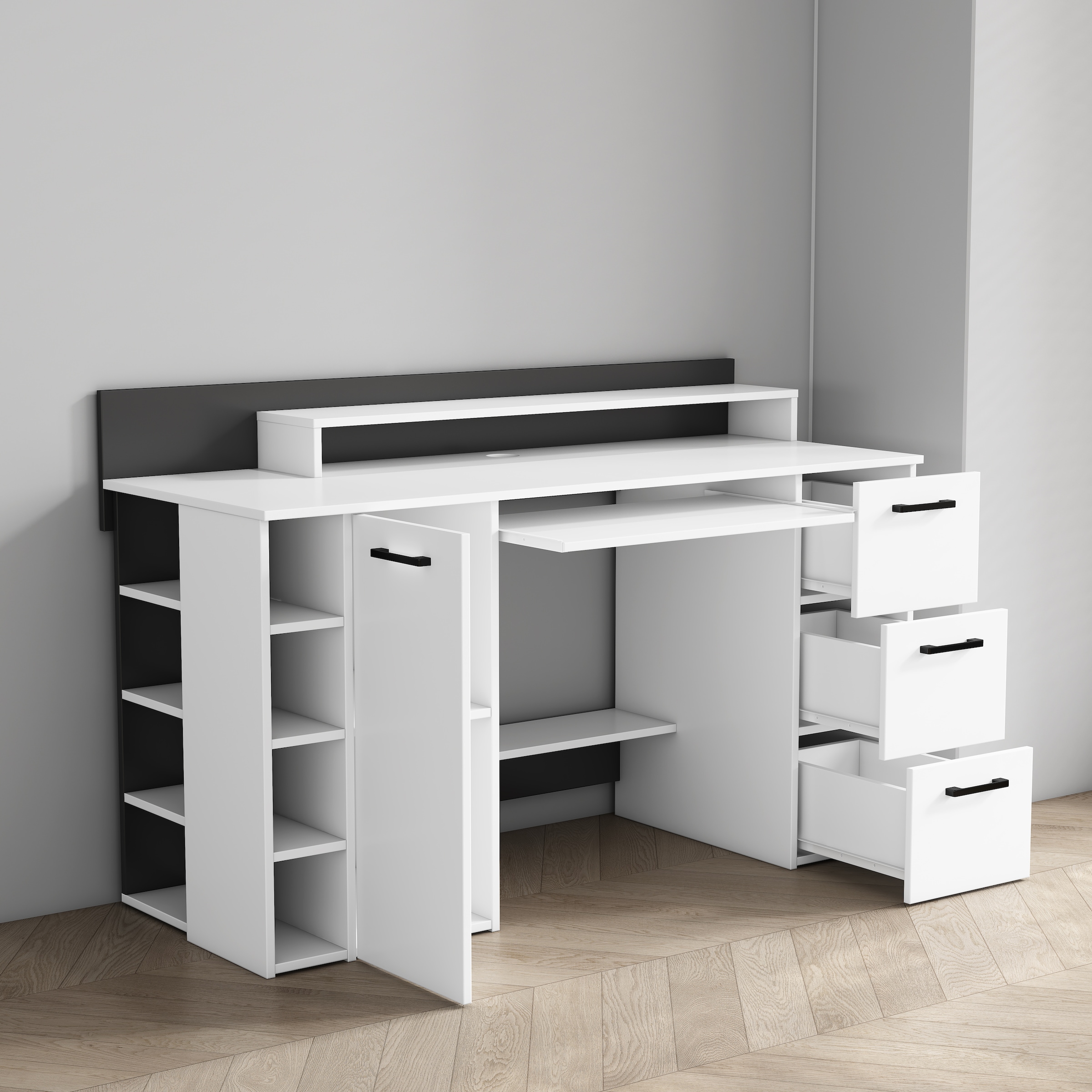 GOODproduct Schreibtisch »Moid« mit Schubladen, Tastaturauszug und Monitorablage, Breite 140 cm