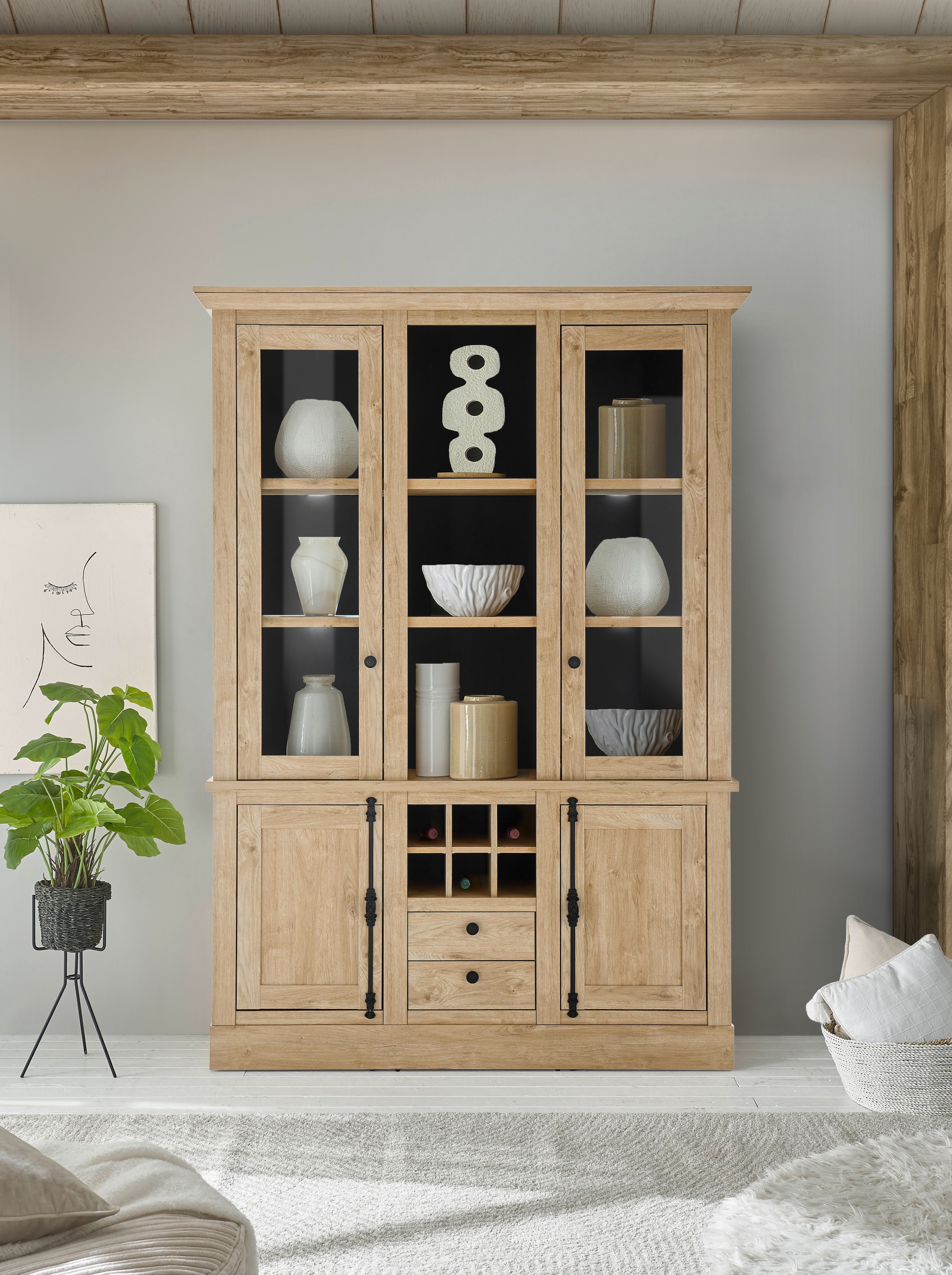 Image of Home affaire Vitrine "Cornwall, Hochschrank im Landhausstil, Glasvitrine, Eiche Dekor" 1 Stk. tlg. Metallgriffe, 147 cm breit, viel Stauraum, in zwei Grössen verfügbar