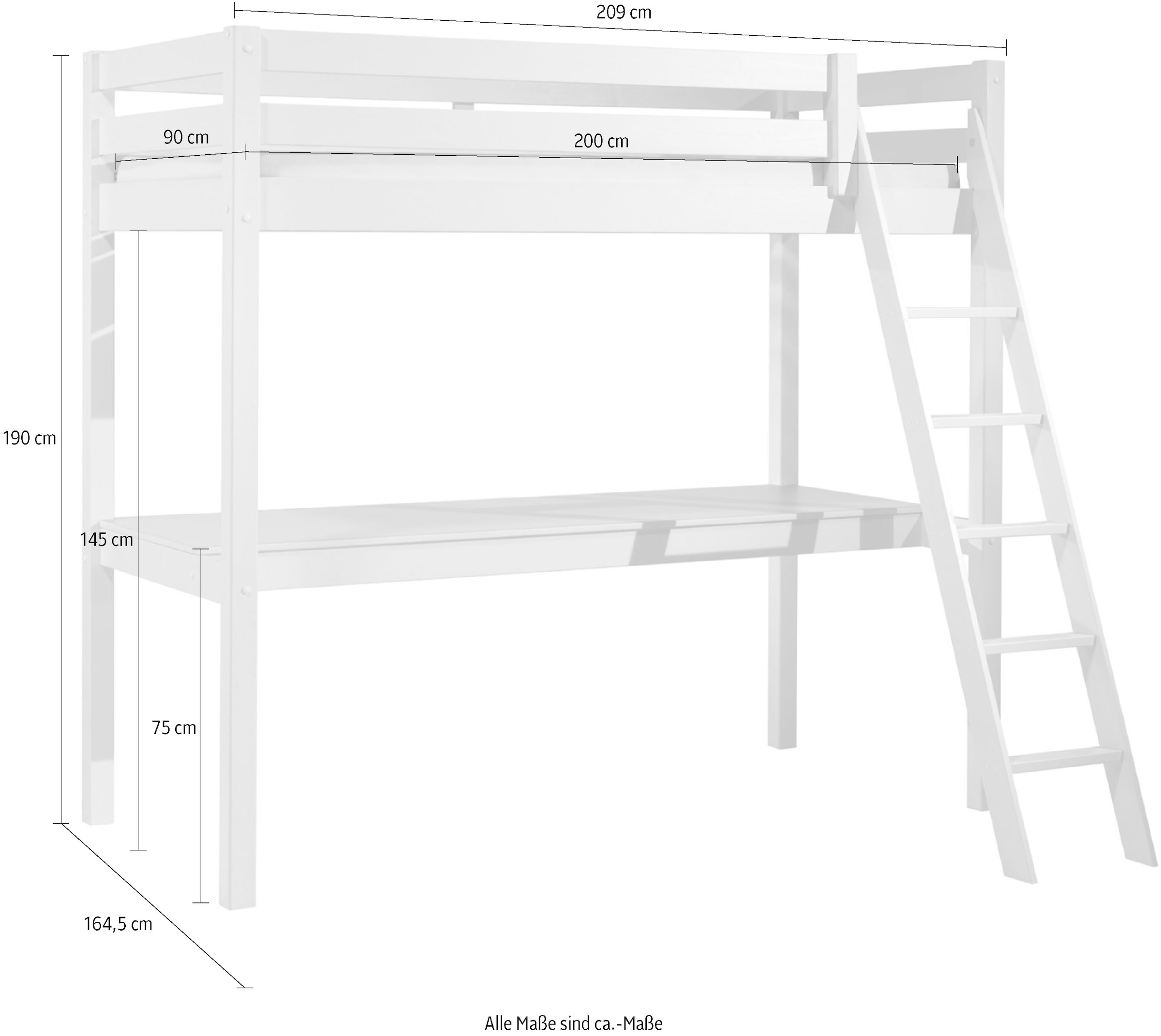 Vipack Hochbett »Pino, Kiefer massiv, sehr standfest, Made in Europe, mit Sessel« B/H/T ca. 209x190x215cm, mit grosser Schreibplatte und Leiter,  inkl. Rolllattenrost, Absturzschutz, 2 Breiten zur Auswahl