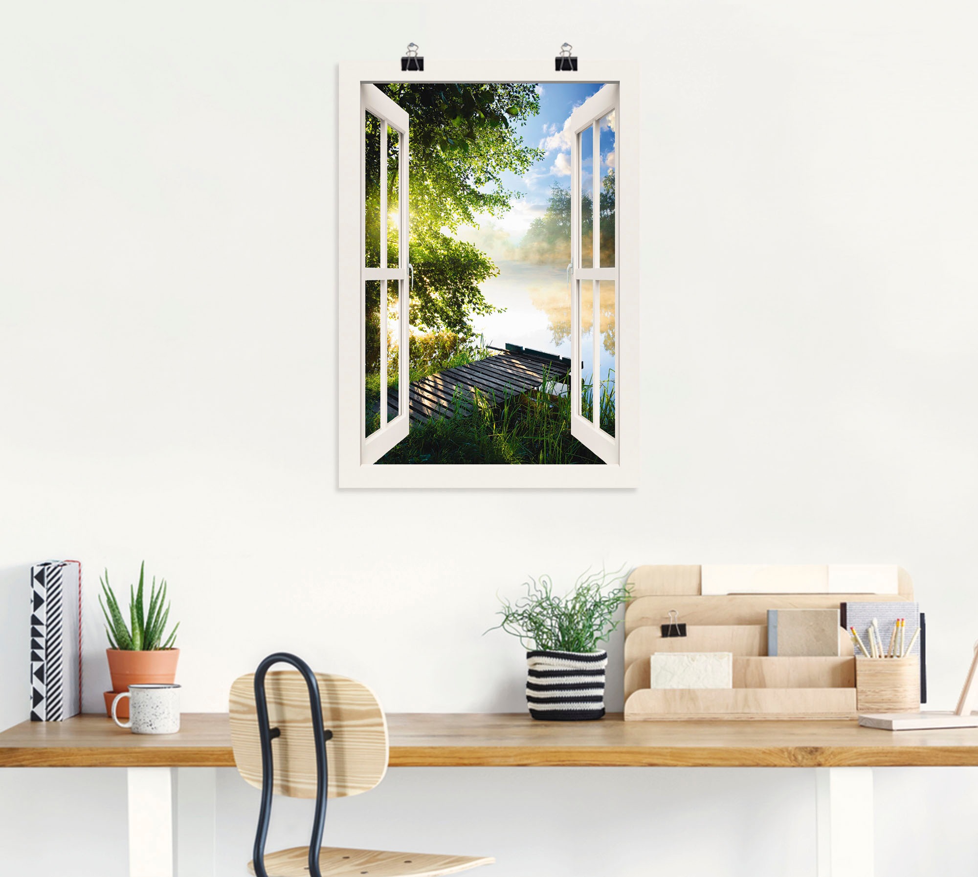 Artland Wandbild »Fensterblick Angelsteg am Fluss« Fensterblick 1 Stk. tlg. als Alubild, Outdoorbild, Leinwandbild, Poster, Wandaufkleber